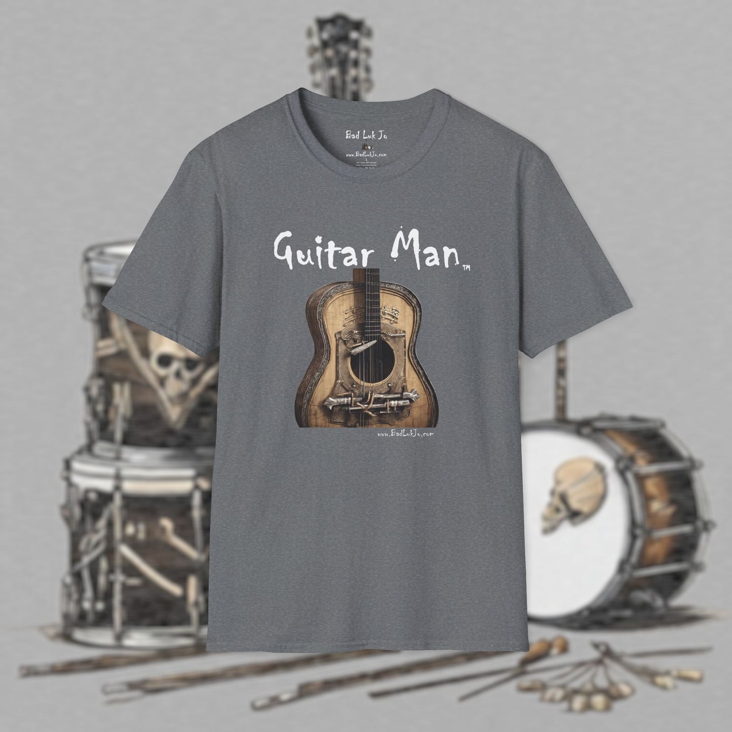 Bad Luk Jo "Guitar Man" T-Shirt - No Printing on Back - Unisex Softstyle T-Shirt - Perfect for Musicians and Music Lovers - FREE ECONOMY SHIPPING