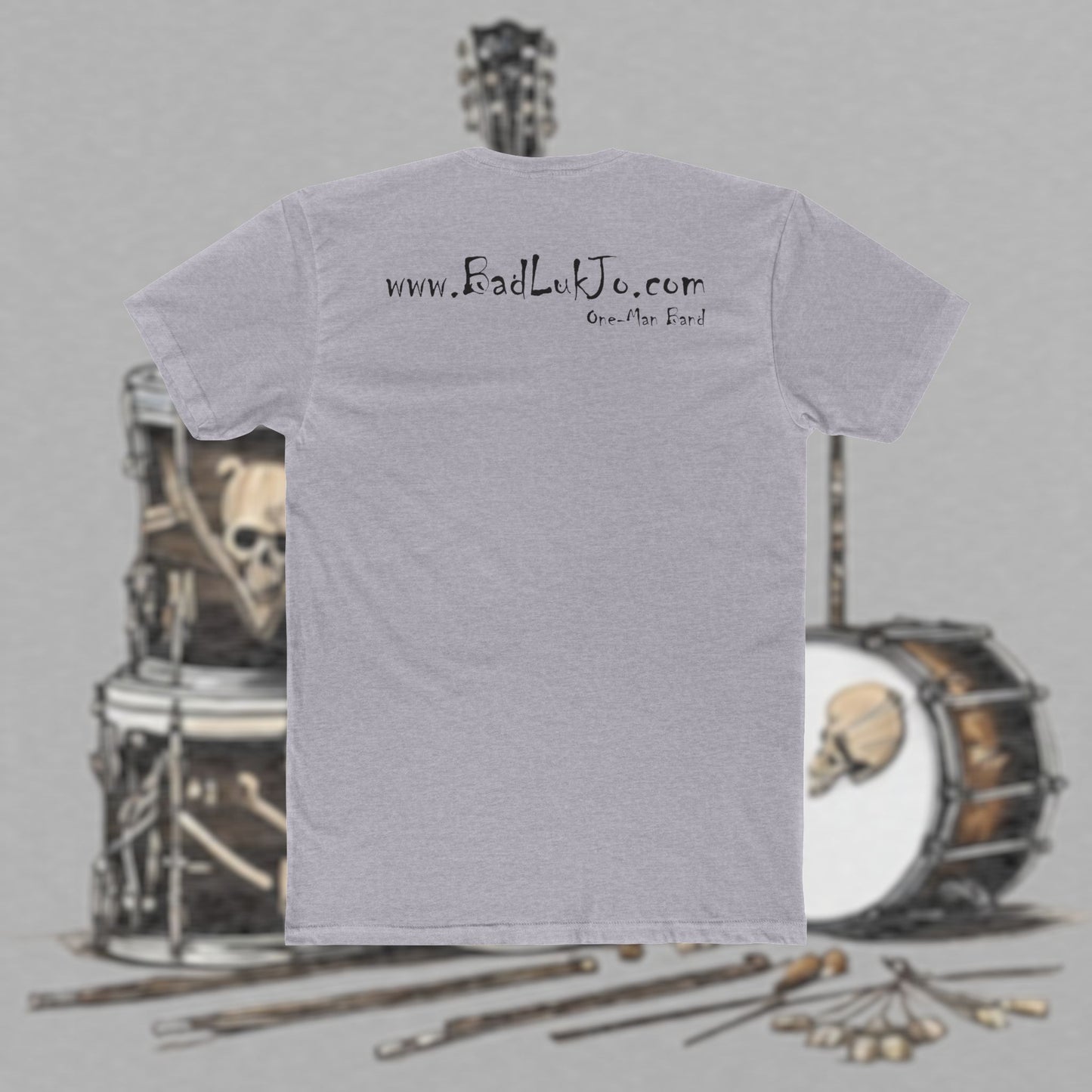 Bad Luk Jo T-Shirt - ORIGINAL Design with Website on Back - Unisex Cotton "Crew Tee" - Classic Fit (Tighter) - Perfect for Musicians and Music Lovers - FREE ECONOMY SHIPPING
