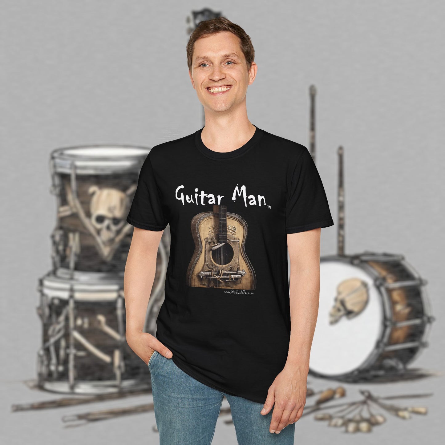 Bad Luk Jo "Guitar Man" T-Shirt - No Printing on Back - Unisex Softstyle T-Shirt - Perfect for Musicians and Music Lovers - FREE ECONOMY SHIPPING