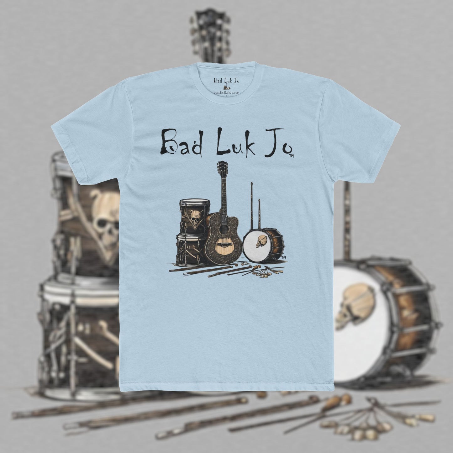 Bad Luk Jo T-Shirt - ORIGINAL Design with Website on Back - Unisex Cotton "Crew Tee" - Classic Fit (Tighter) - Perfect for Musicians and Music Lovers - FREE ECONOMY SHIPPING