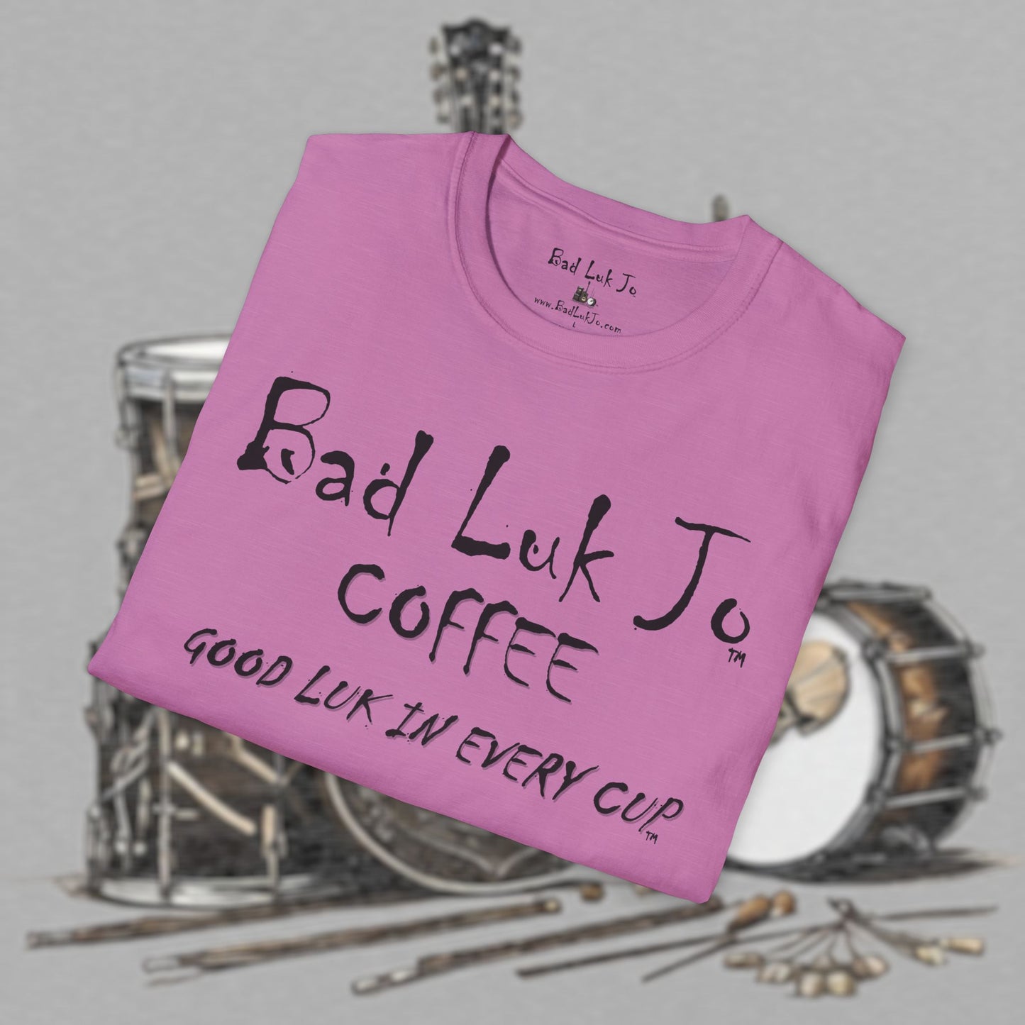 Bad Luk Jo Coffee "Good Luk in Every Cup" T-Shirt - with Website on Back - Unisex Softstyle T-Shirt - FREE ECONOMY SHIPPING