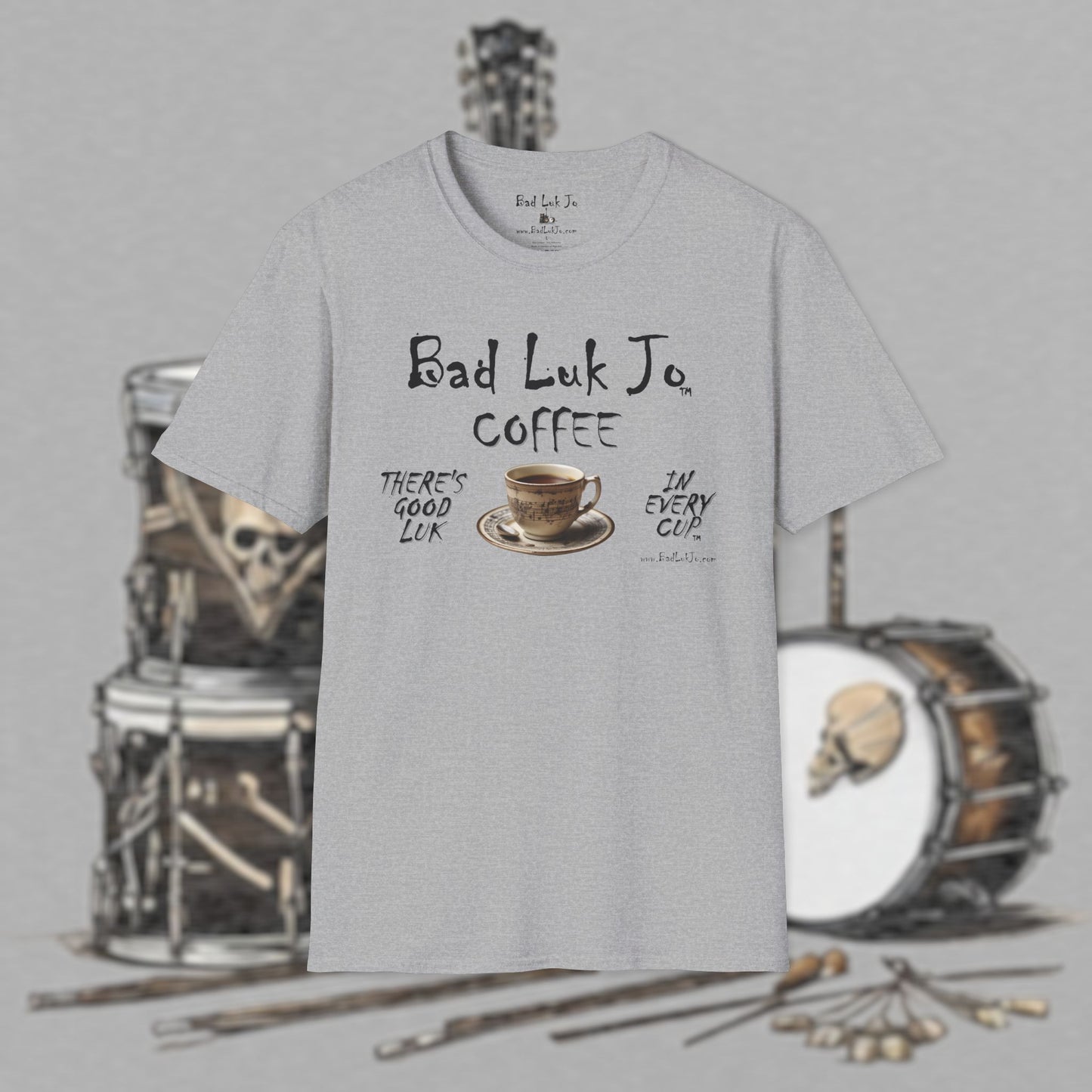 Bad Luk Jo Coffee "There's Good Luk in Every Cup" with Coffee Cup - Unisex Softstyle T-Shirt - FREE ECONOMY SHIPPING