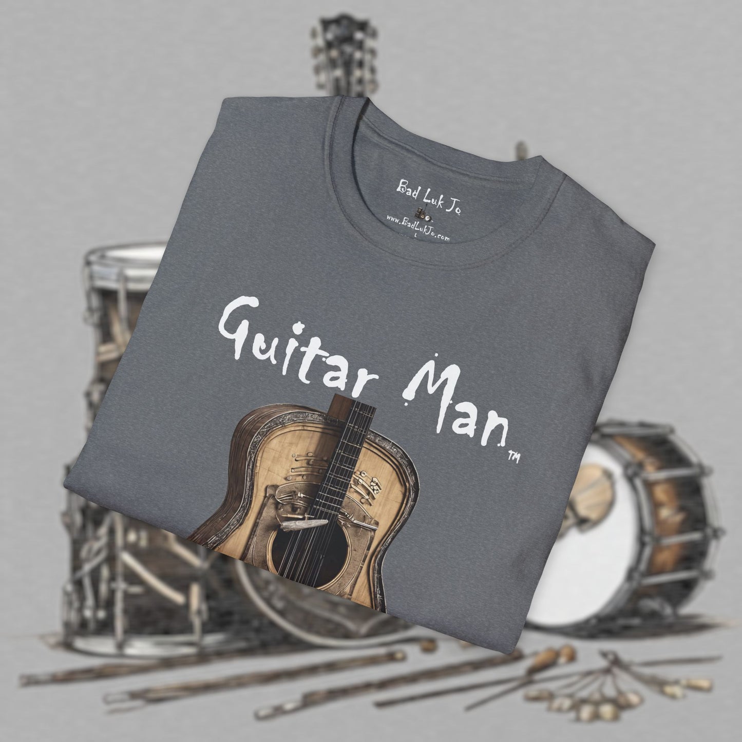 Bad Luk Jo "Guitar Man" T-Shirt - No Printing on Back - Unisex Softstyle T-Shirt - Perfect for Musicians and Music Lovers - FREE ECONOMY SHIPPING