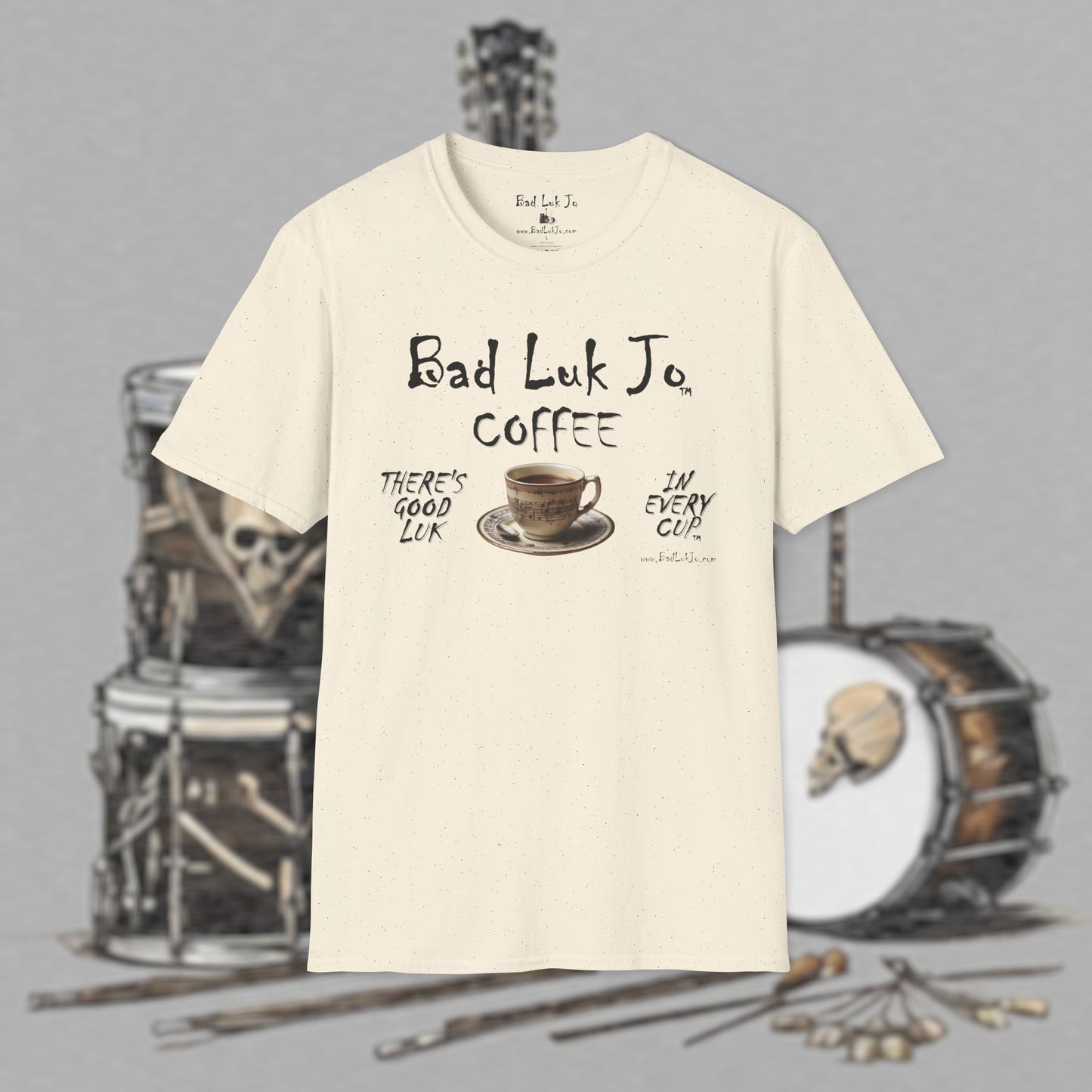 Bad Luk Jo Coffee "There's Good Luk in Every Cup" with Coffee Cup - Unisex Softstyle T-Shirt - FREE ECONOMY SHIPPING
