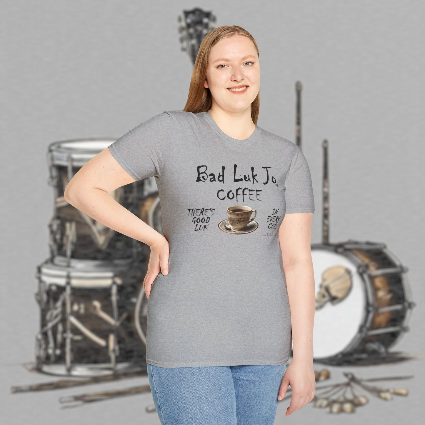 Bad Luk Jo Coffee "There's Good Luk in Every Cup" with Coffee Cup - Unisex Softstyle T-Shirt - FREE ECONOMY SHIPPING