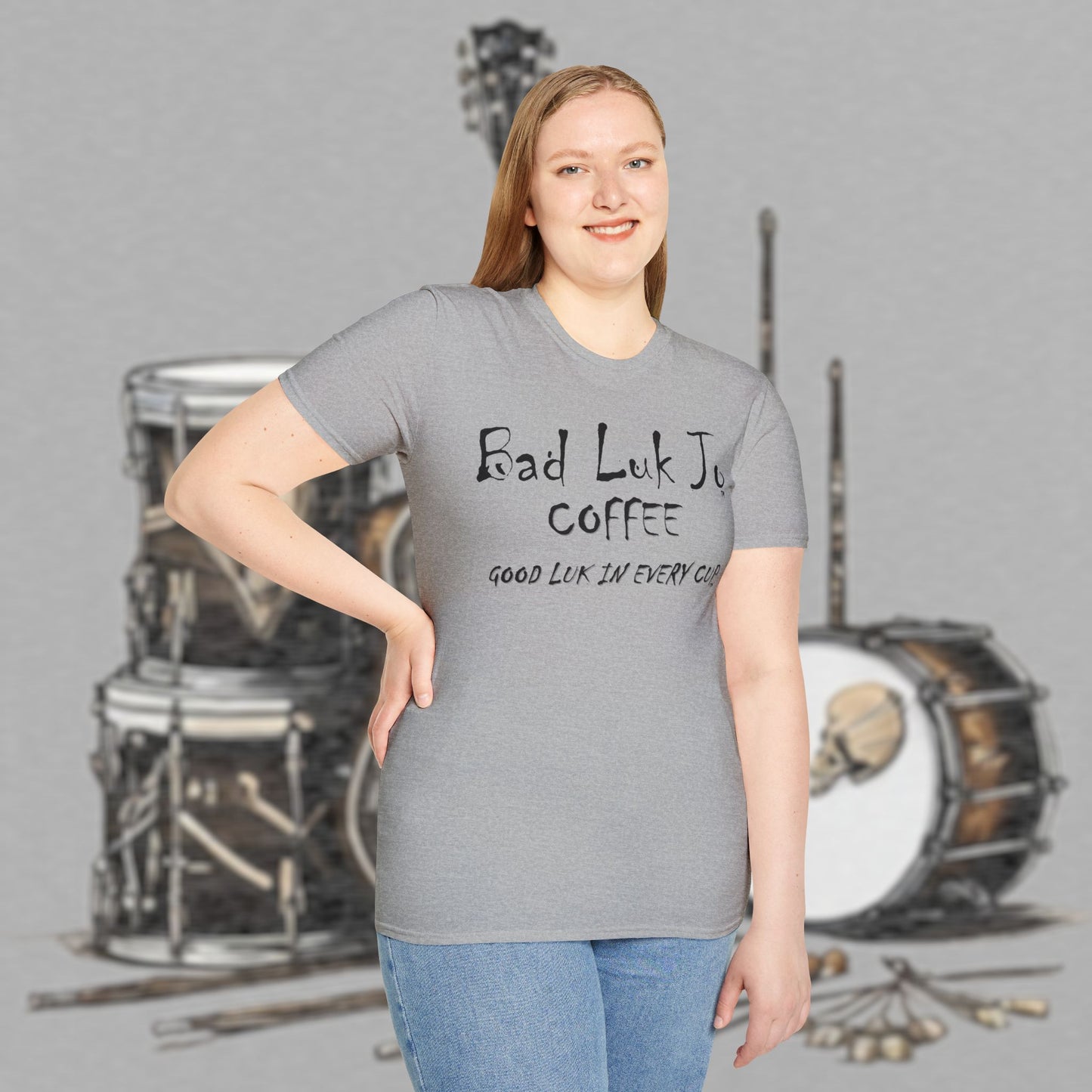 Bad Luk Jo Coffee "Good Luk in Every Cup" T-Shirt - with Website on Back - Unisex Softstyle T-Shirt - FREE ECONOMY SHIPPING