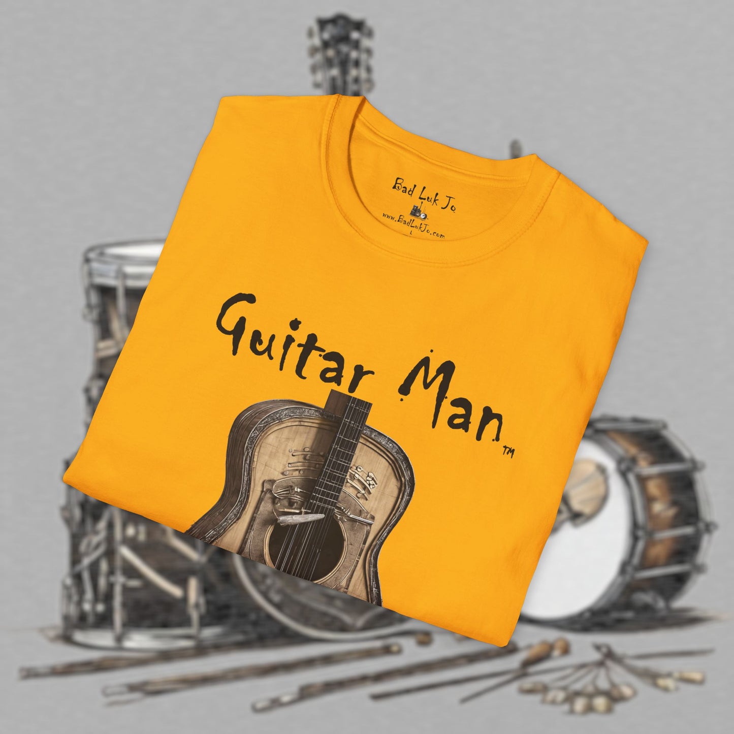 Bad Luk Jo "Guitar Man" T-Shirt - No Printing on Back - Unisex Softstyle T-Shirt - Perfect for Musicians and Music Lovers - FREE ECONOMY SHIPPING