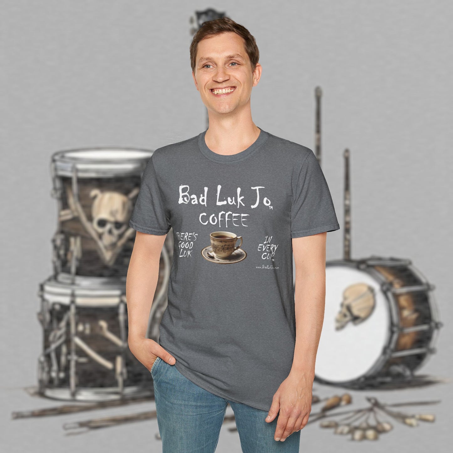 Bad Luk Jo Coffee "There's Good Luk in Every Cup" with Coffee Cup - Unisex Softstyle T-Shirt - FREE ECONOMY SHIPPING