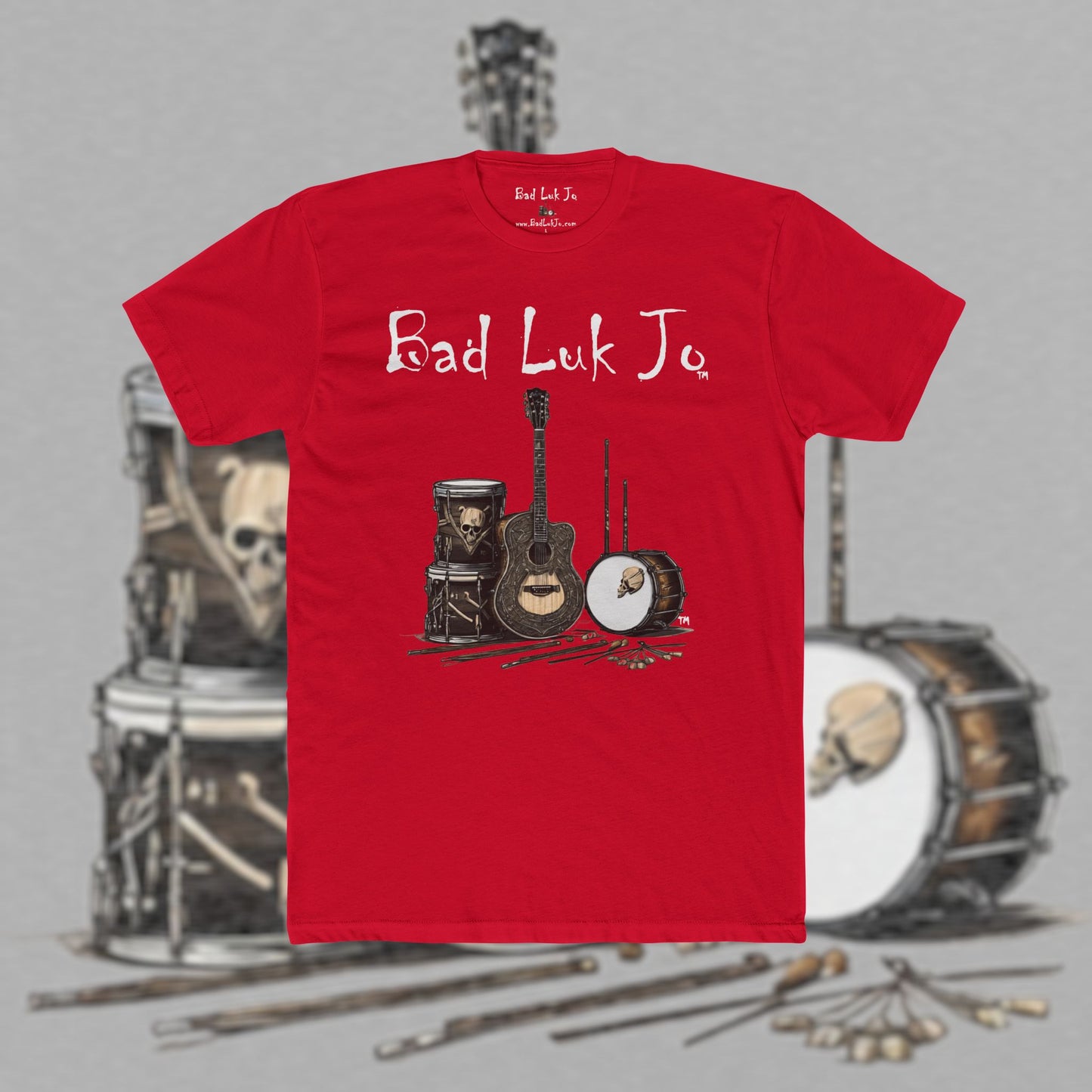 Bad Luk Jo T-Shirt - ORIGINAL Design with Website on Back - Unisex Cotton "Crew Tee" - Classic Fit (Tighter) - Perfect for Musicians and Music Lovers - FREE ECONOMY SHIPPING