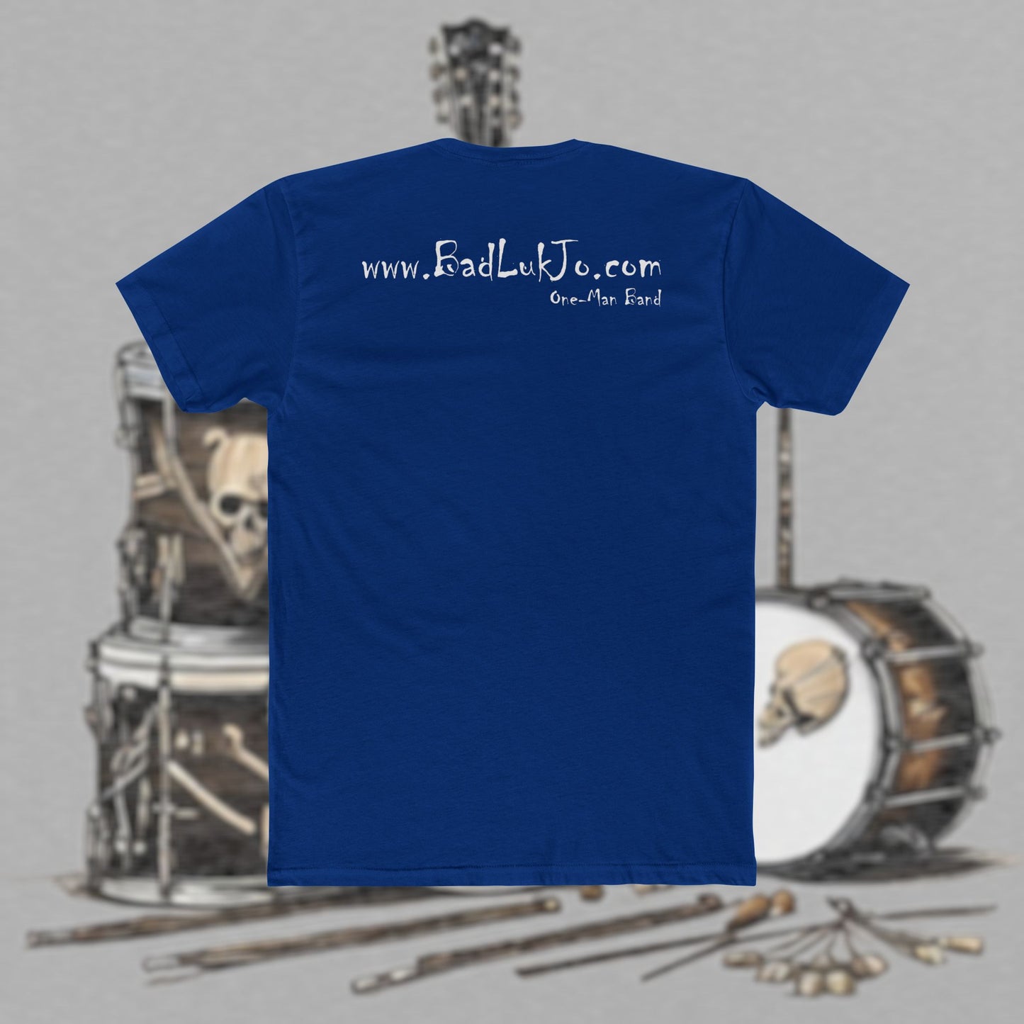 Bad Luk Jo T-Shirt - ORIGINAL Design with Website on Back - Unisex Cotton "Crew Tee" - Classic Fit (Tighter) - Perfect for Musicians and Music Lovers - FREE ECONOMY SHIPPING