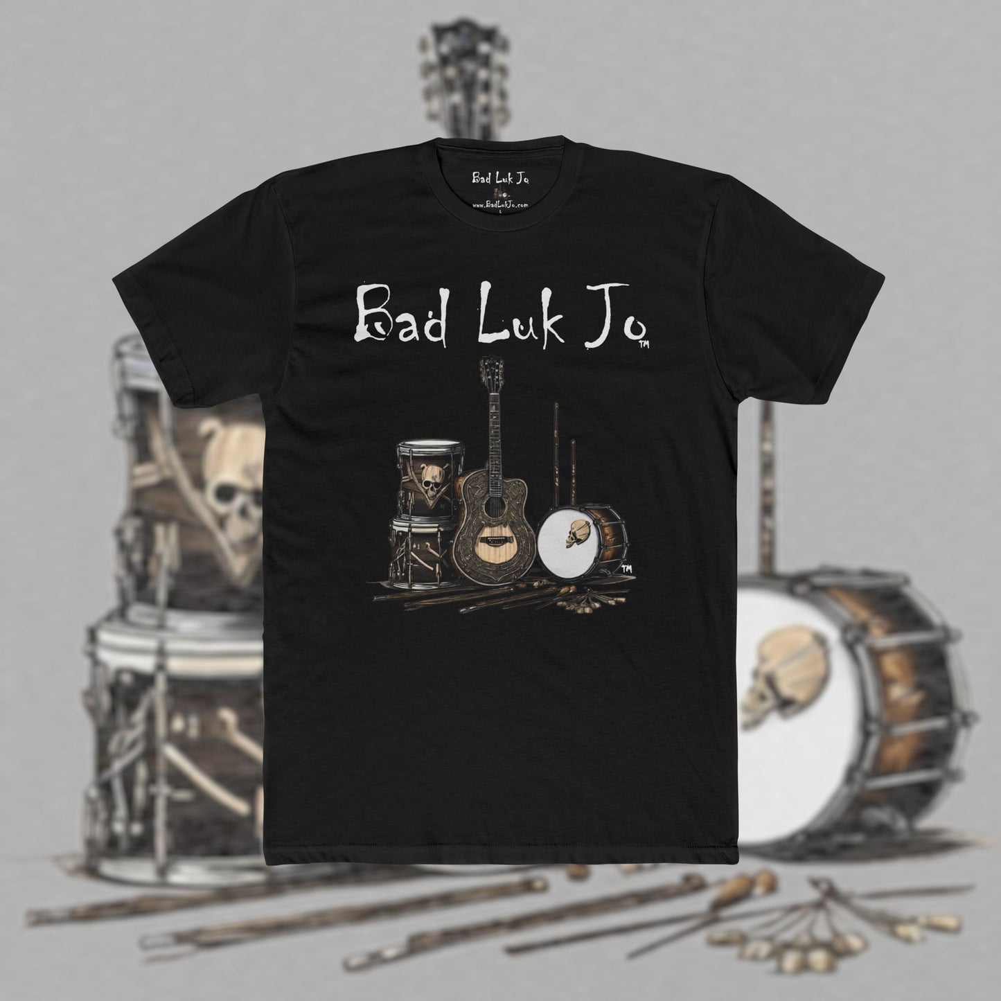 Bad Luk Jo T-Shirt - ORIGINAL Design with Website on Back - Unisex Cotton "Crew Tee" - Classic Fit (Tighter) - Perfect for Musicians and Music Lovers - FREE ECONOMY SHIPPING