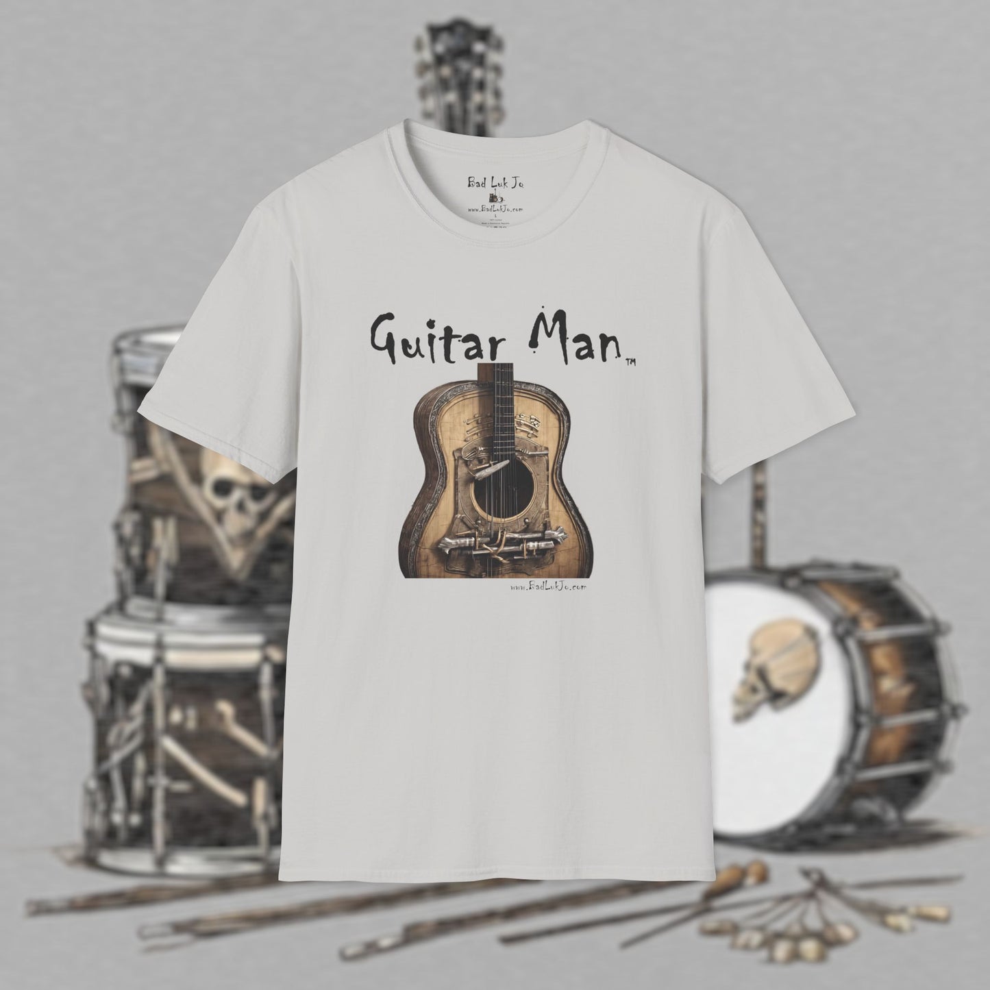 Bad Luk Jo "Guitar Man" T-Shirt - No Printing on Back - Unisex Softstyle T-Shirt - Perfect for Musicians and Music Lovers - FREE ECONOMY SHIPPING