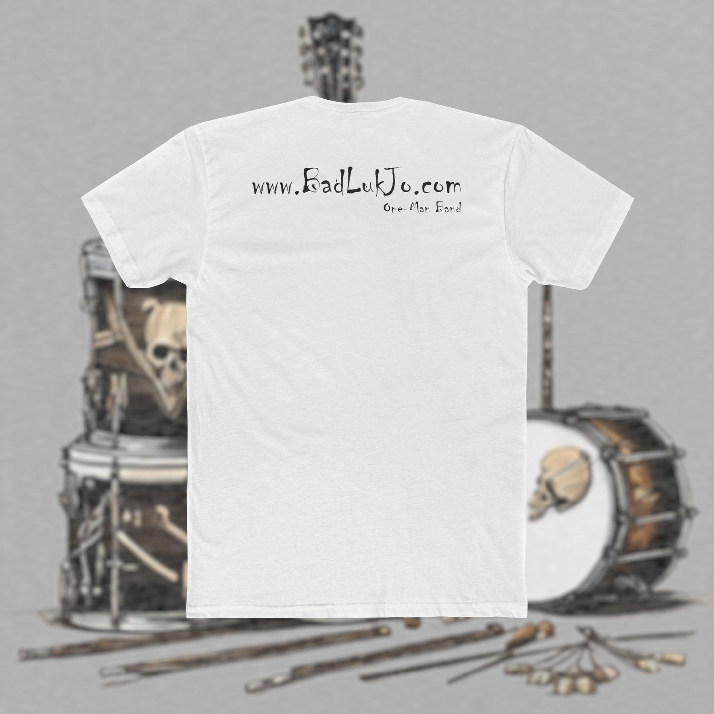 Bad Luk Jo T-Shirt - ORIGINAL Design with Website on Back - Unisex Cotton "Crew Tee" - Classic Fit (Tighter) - Perfect for Musicians and Music Lovers - FREE ECONOMY SHIPPING