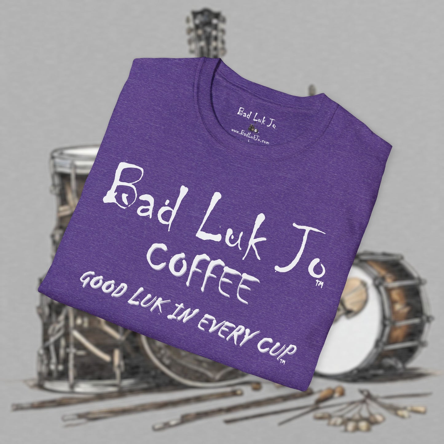Bad Luk Jo Coffee "Good Luk in Every Cup" T-Shirt - with Website on Back - Unisex Softstyle T-Shirt - FREE ECONOMY SHIPPING