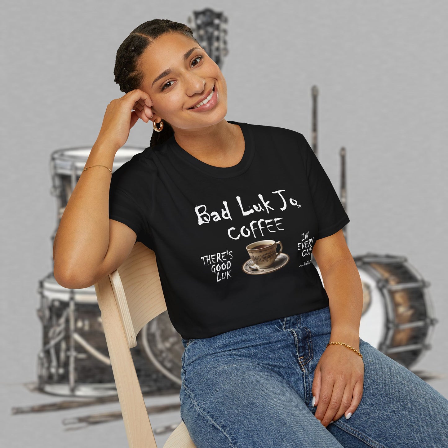 Bad Luk Jo Coffee "There's Good Luk in Every Cup" with Coffee Cup - Unisex Softstyle T-Shirt - FREE ECONOMY SHIPPING