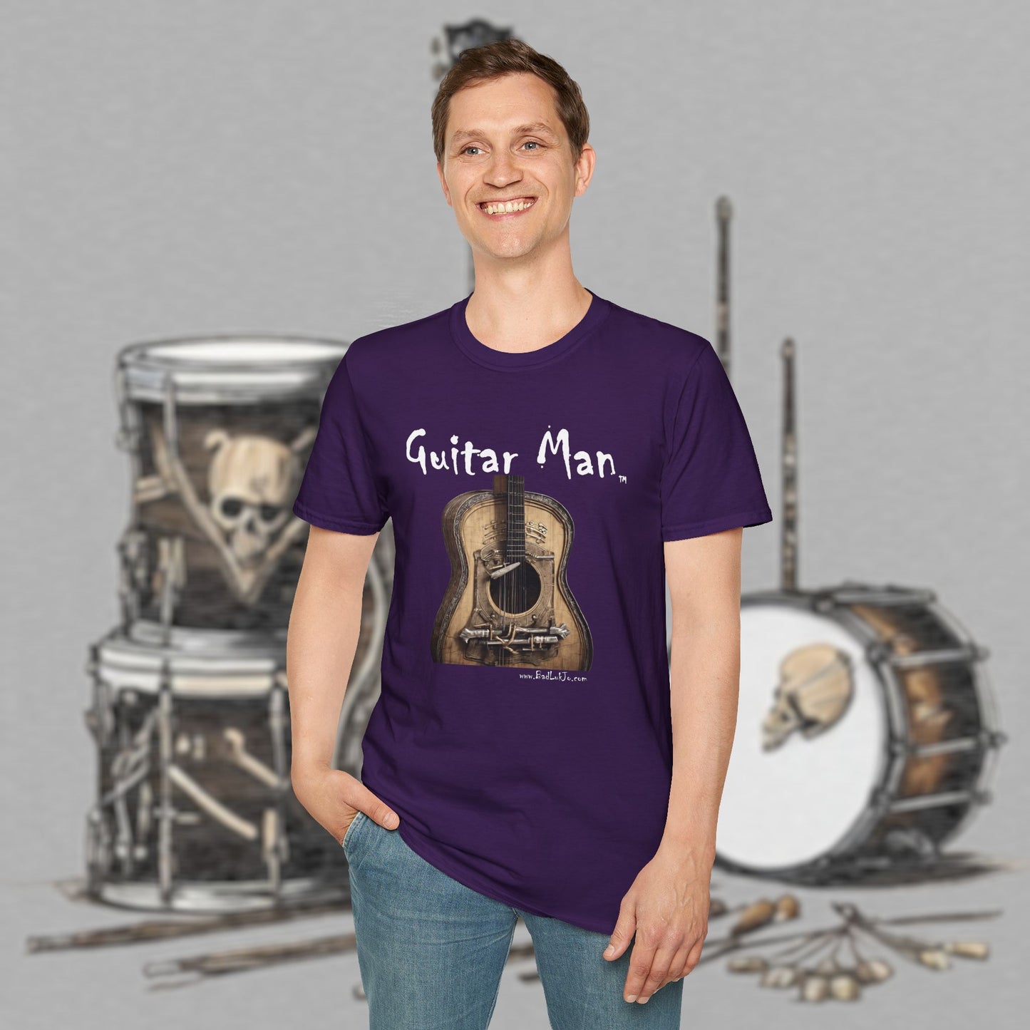 Bad Luk Jo "Guitar Man" T-Shirt - No Printing on Back - Unisex Softstyle T-Shirt - Perfect for Musicians and Music Lovers - FREE ECONOMY SHIPPING