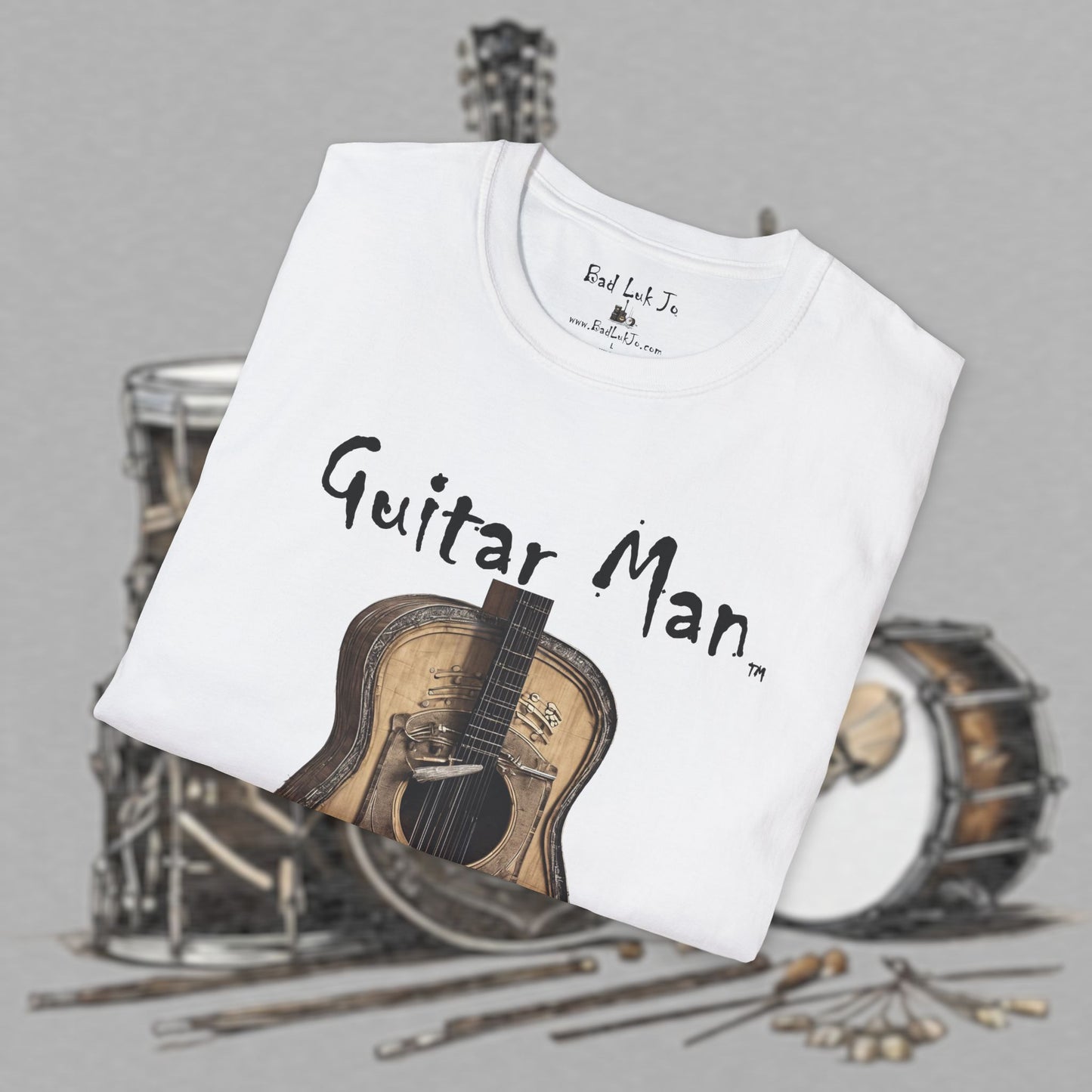 Bad Luk Jo "Guitar Man" T-Shirt - No Printing on Back - Unisex Softstyle T-Shirt - Perfect for Musicians and Music Lovers - FREE ECONOMY SHIPPING