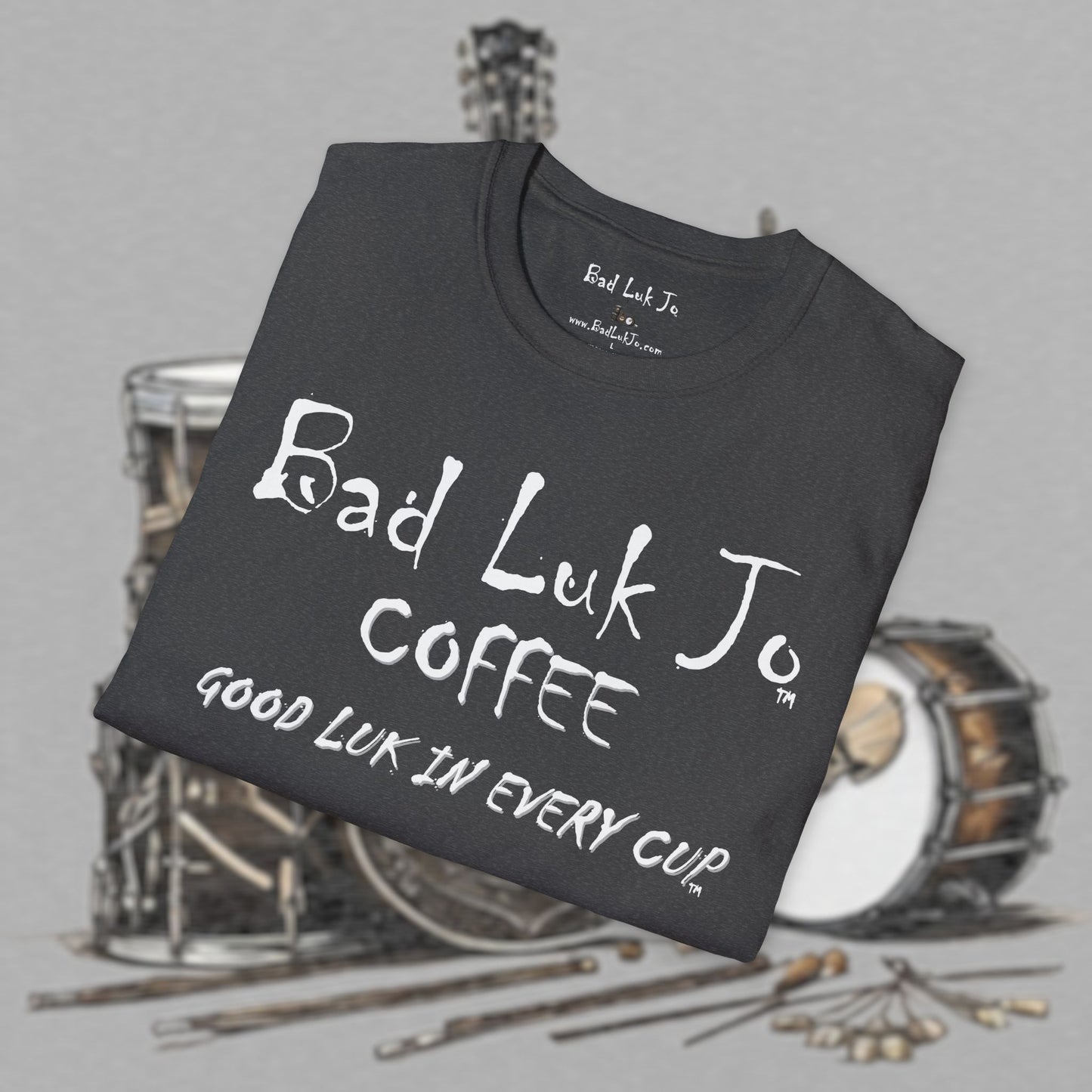Bad Luk Jo Coffee "Good Luk in Every Cup" T-Shirt - with Website on Back - Unisex Softstyle T-Shirt - FREE ECONOMY SHIPPING