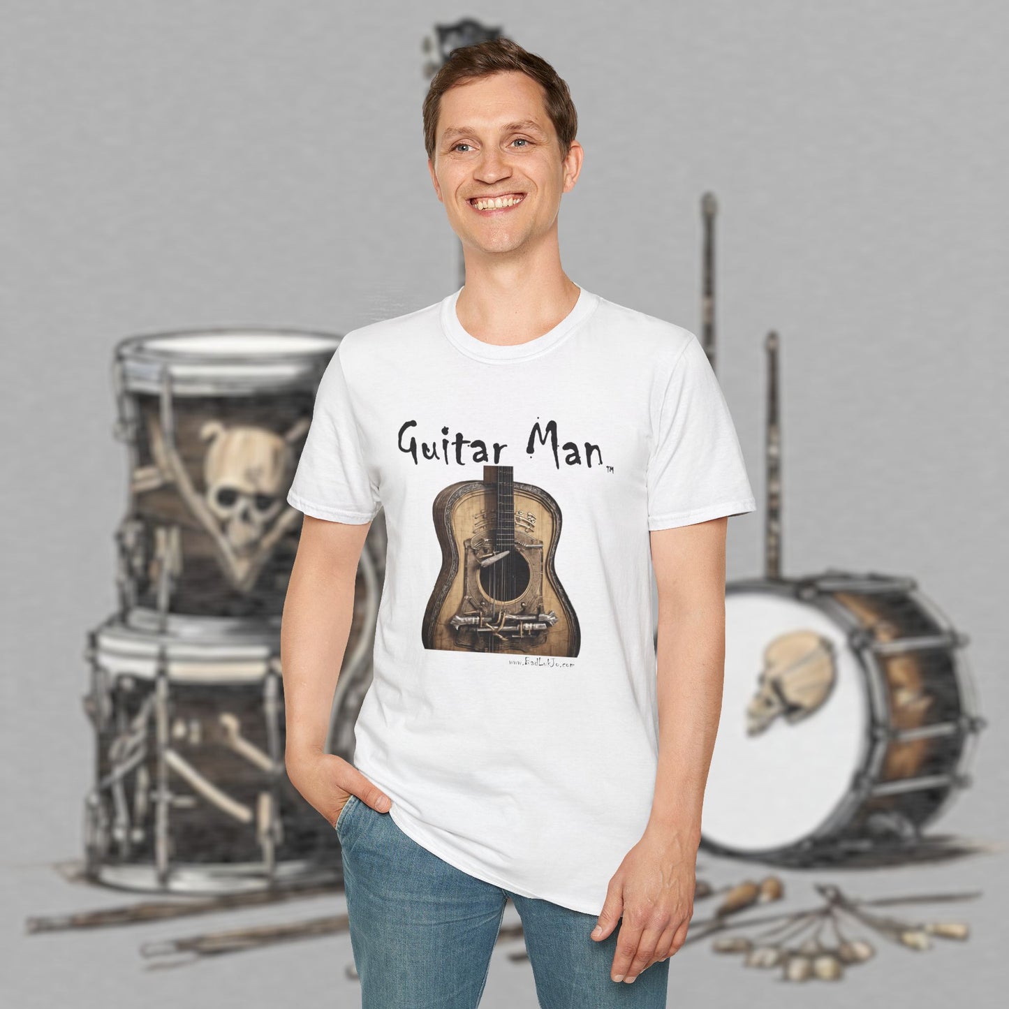 Bad Luk Jo "Guitar Man" T-Shirt - No Printing on Back - Unisex Softstyle T-Shirt - Perfect for Musicians and Music Lovers - FREE ECONOMY SHIPPING