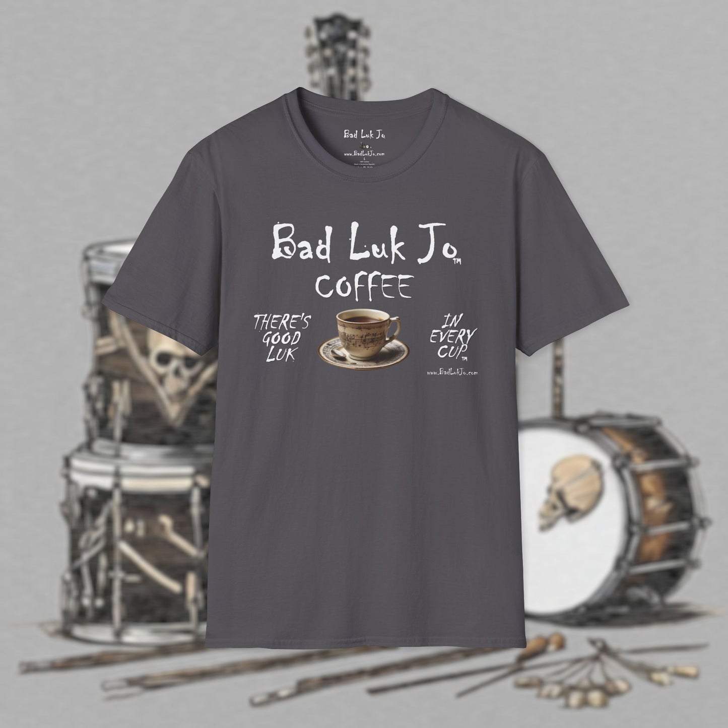 Bad Luk Jo Coffee "There's Good Luk in Every Cup" with Coffee Cup - Unisex Softstyle T-Shirt - FREE ECONOMY SHIPPING