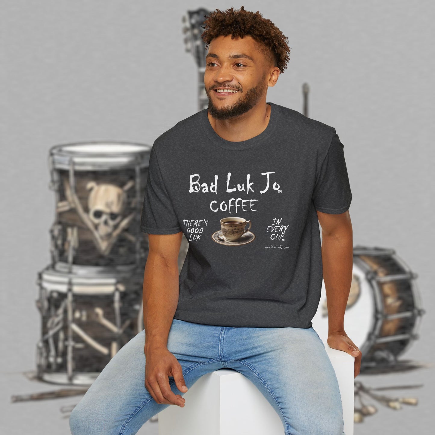 Bad Luk Jo Coffee "There's Good Luk in Every Cup" with Coffee Cup - Unisex Softstyle T-Shirt - FREE ECONOMY SHIPPING