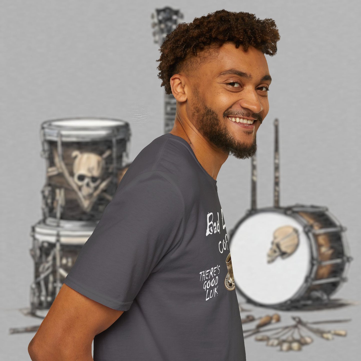 Bad Luk Jo Coffee "There's Good Luk in Every Cup" with Coffee Cup - Unisex Softstyle T-Shirt - FREE ECONOMY SHIPPING