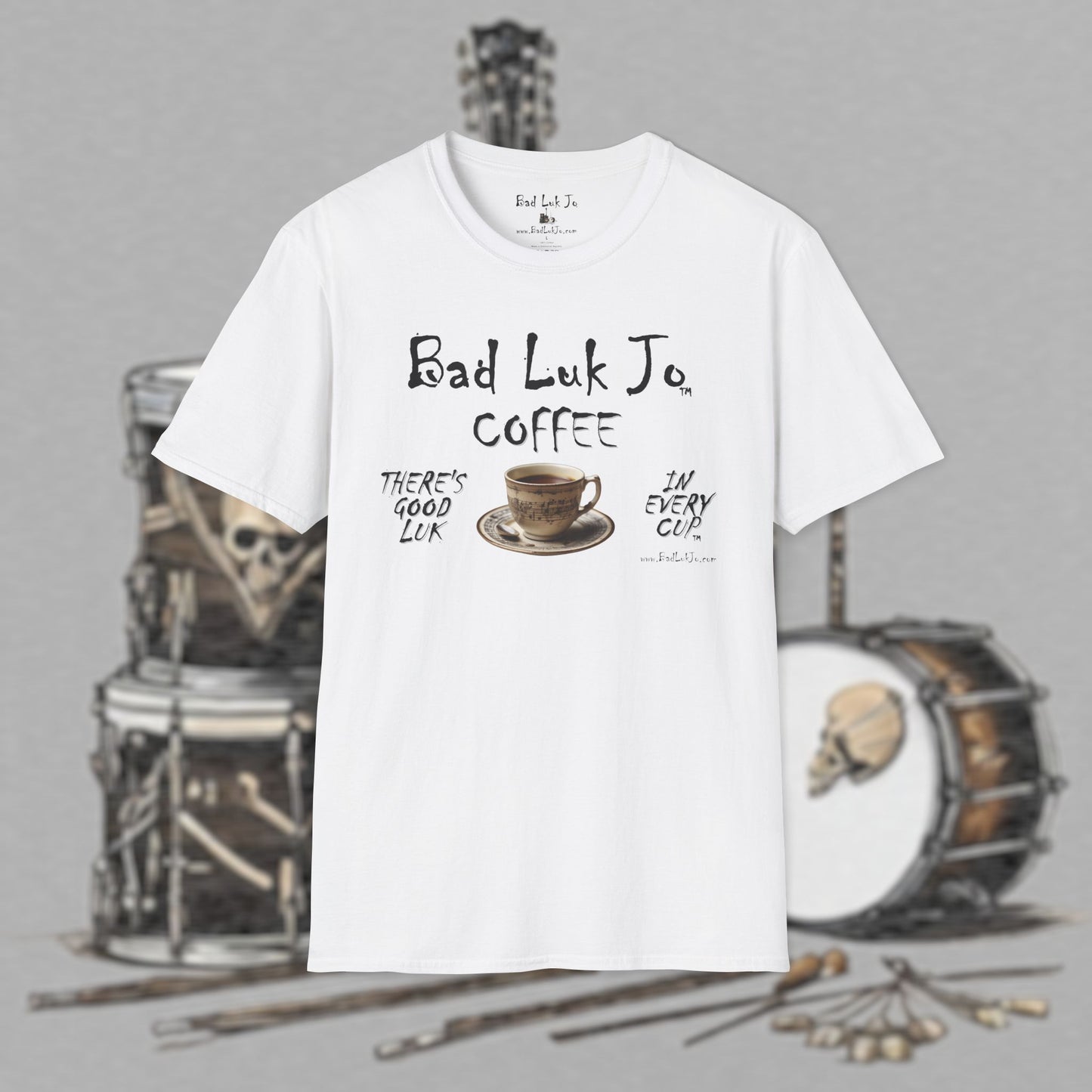Bad Luk Jo Coffee "There's Good Luk in Every Cup" with Coffee Cup - Unisex Softstyle T-Shirt - FREE ECONOMY SHIPPING
