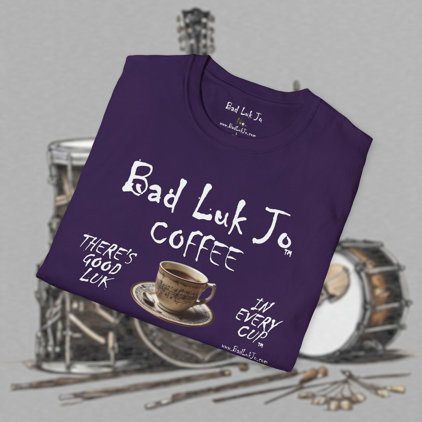 Bad Luk Jo Coffee "There's Good Luk in Every Cup" with Coffee Cup - Unisex Softstyle T-Shirt - FREE ECONOMY SHIPPING