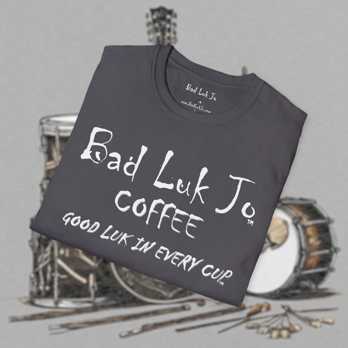 Bad Luk Jo Coffee "Good Luk in Every Cup" T-Shirt - with Website on Back - Unisex Softstyle T-Shirt - FREE ECONOMY SHIPPING
