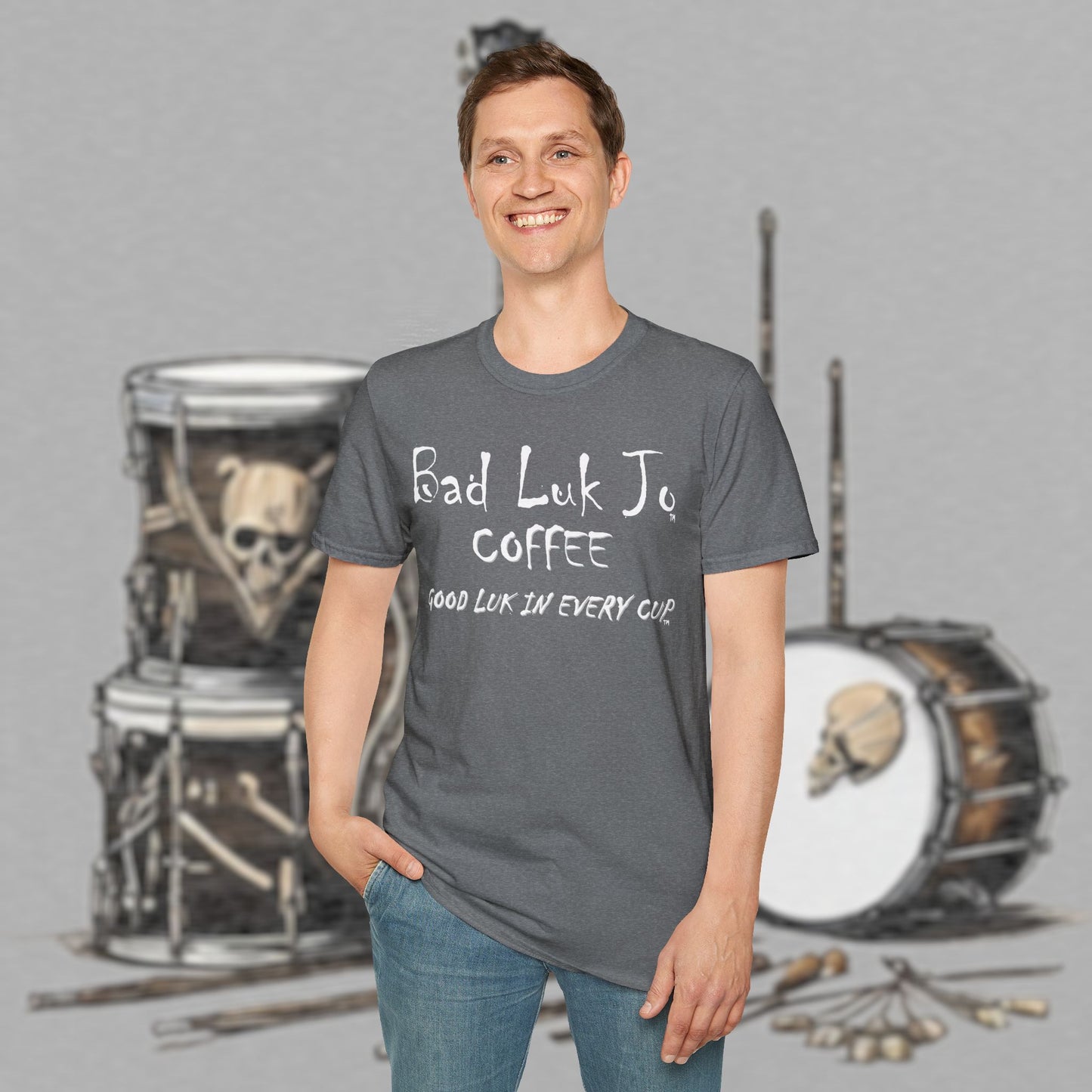 Bad Luk Jo Coffee "Good Luk in Every Cup" T-Shirt - with Website on Back - Unisex Softstyle T-Shirt - FREE ECONOMY SHIPPING
