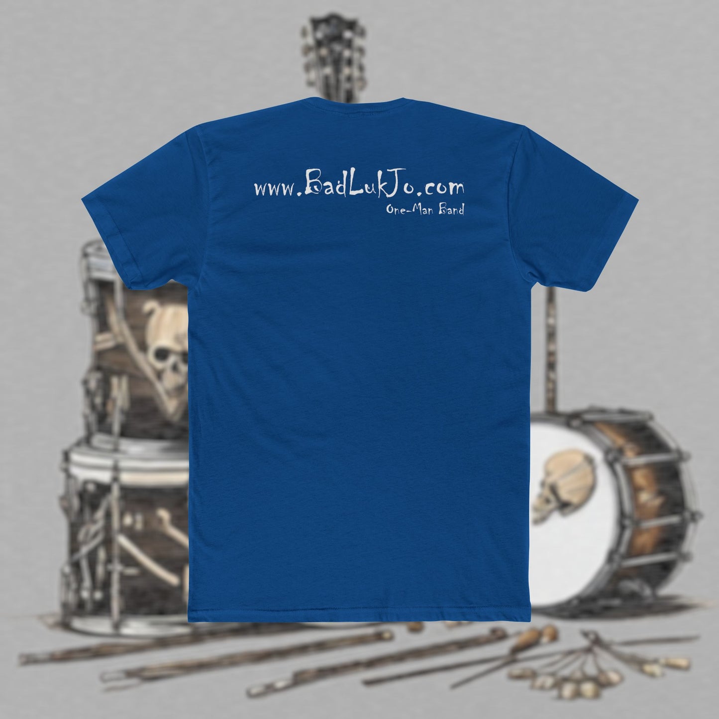 Bad Luk Jo T-Shirt - ORIGINAL Design with Website on Back - Unisex Cotton "Crew Tee" - Classic Fit (Tighter) - Perfect for Musicians and Music Lovers - FREE ECONOMY SHIPPING