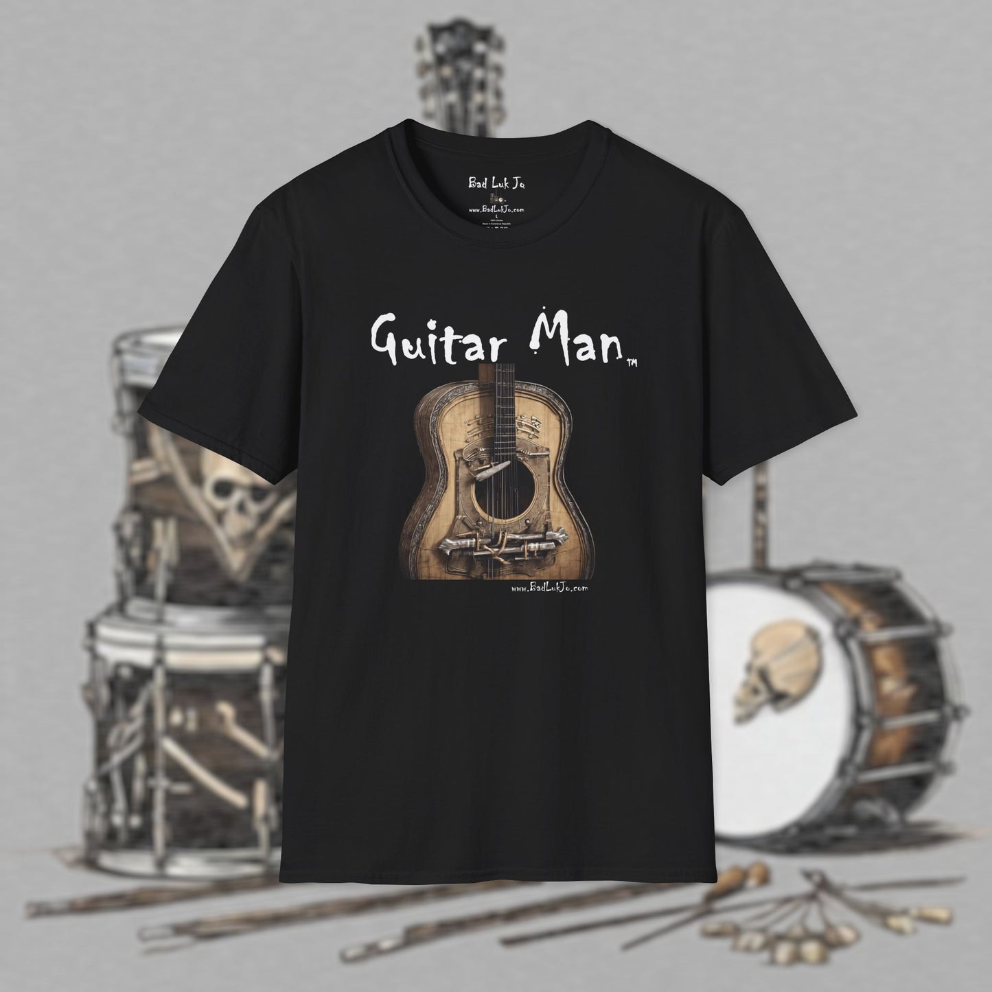 Bad Luk Jo "Guitar Man" T-Shirt - No Printing on Back - Unisex Softstyle T-Shirt - Perfect for Musicians and Music Lovers - FREE ECONOMY SHIPPING