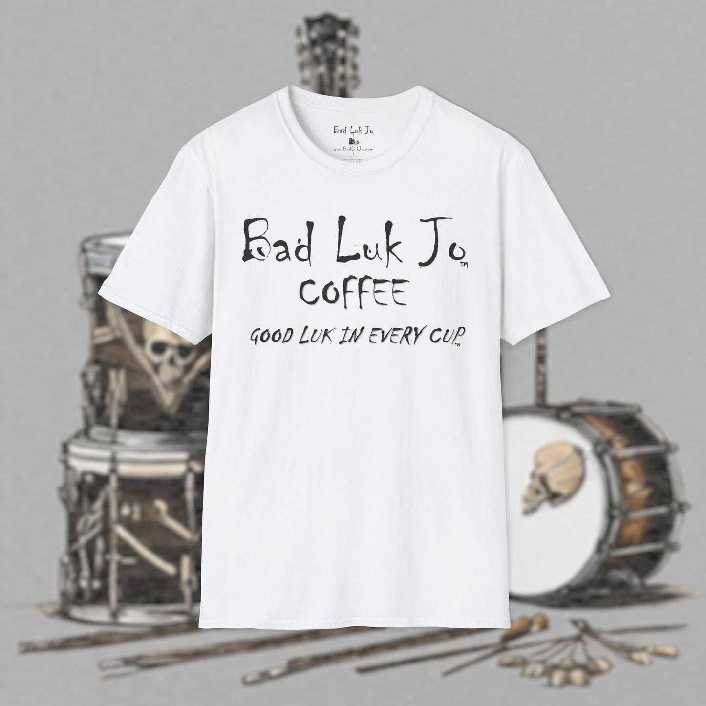 Bad Luk Jo Coffee "Good Luk in Every Cup" T-Shirt - with Website on Back - Unisex Softstyle T-Shirt - FREE ECONOMY SHIPPING