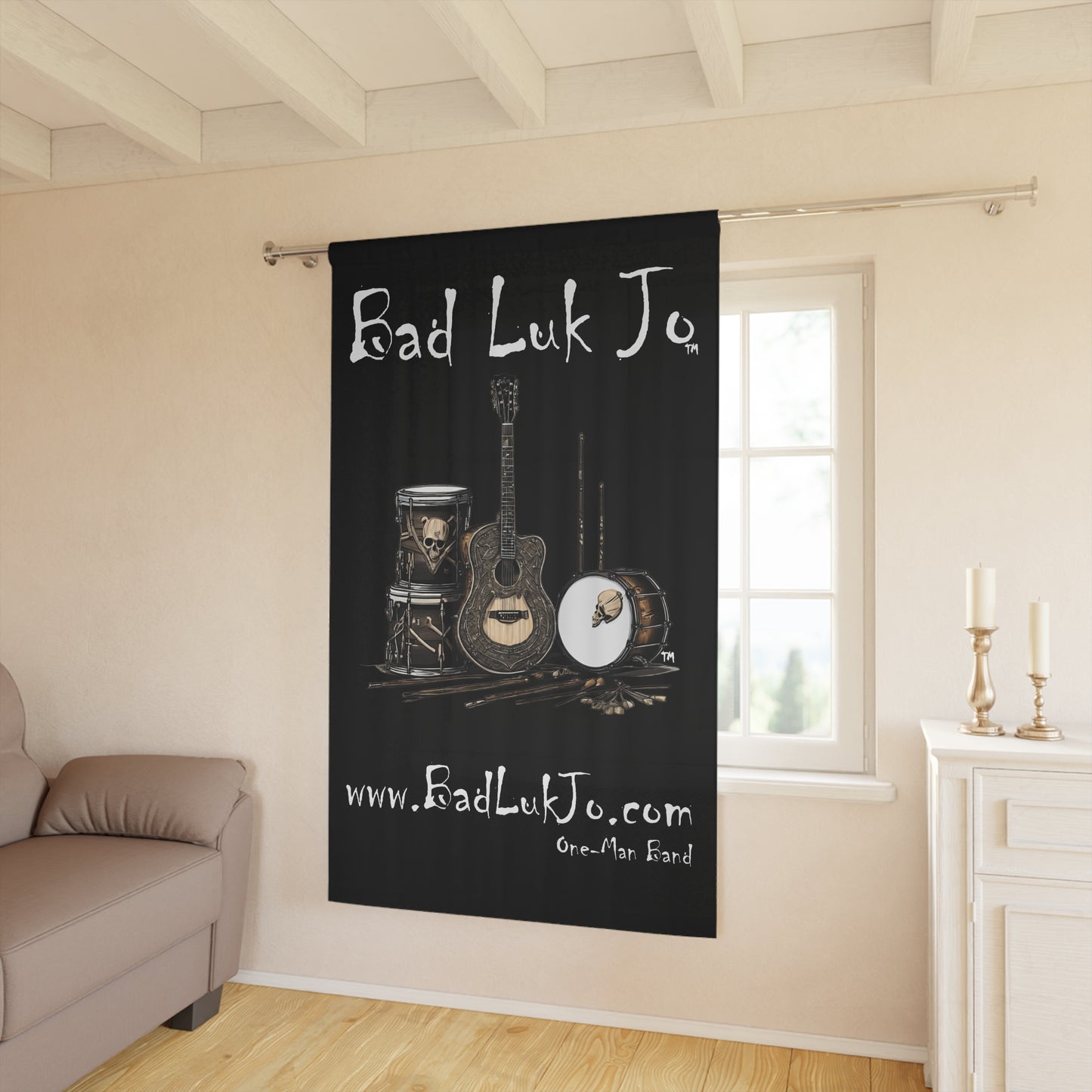 Bad Luk Jo One-Man Band - Window Curtain / Backdrop - Black - FREE STANDARD SHIPPING