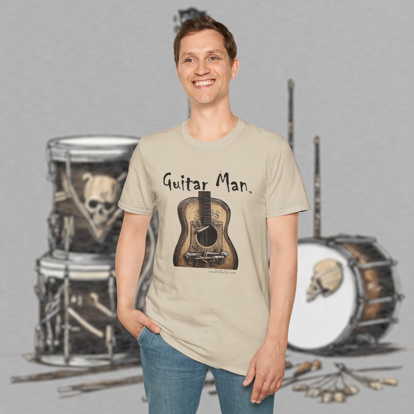 Bad Luk Jo "Guitar Man" T-Shirt - No Printing on Back - Unisex Softstyle T-Shirt - Perfect for Musicians and Music Lovers - FREE ECONOMY SHIPPING