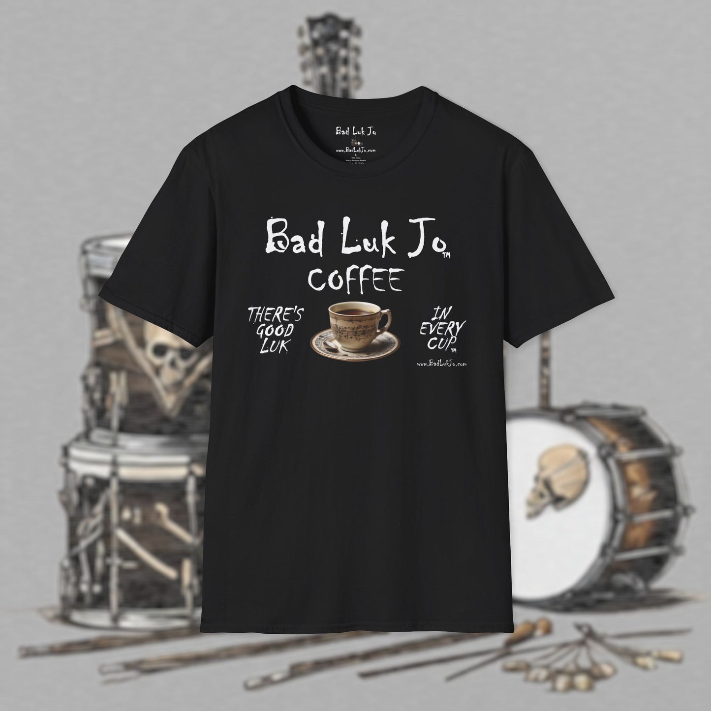 Bad Luk Jo Coffee "There's Good Luk in Every Cup" with Coffee Cup - Unisex Softstyle T-Shirt - FREE ECONOMY SHIPPING