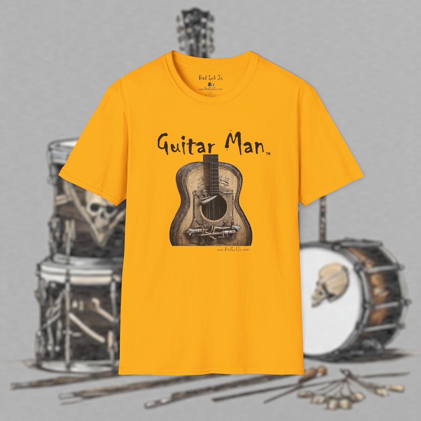 Bad Luk Jo "Guitar Man" T-Shirt - No Printing on Back - Unisex Softstyle T-Shirt - Perfect for Musicians and Music Lovers - FREE ECONOMY SHIPPING