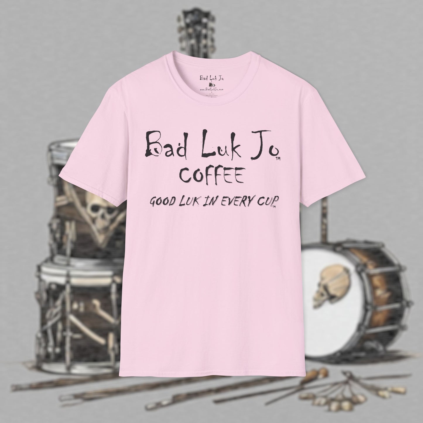Bad Luk Jo Coffee "Good Luk in Every Cup" T-Shirt - with Website on Back - Unisex Softstyle T-Shirt - FREE ECONOMY SHIPPING