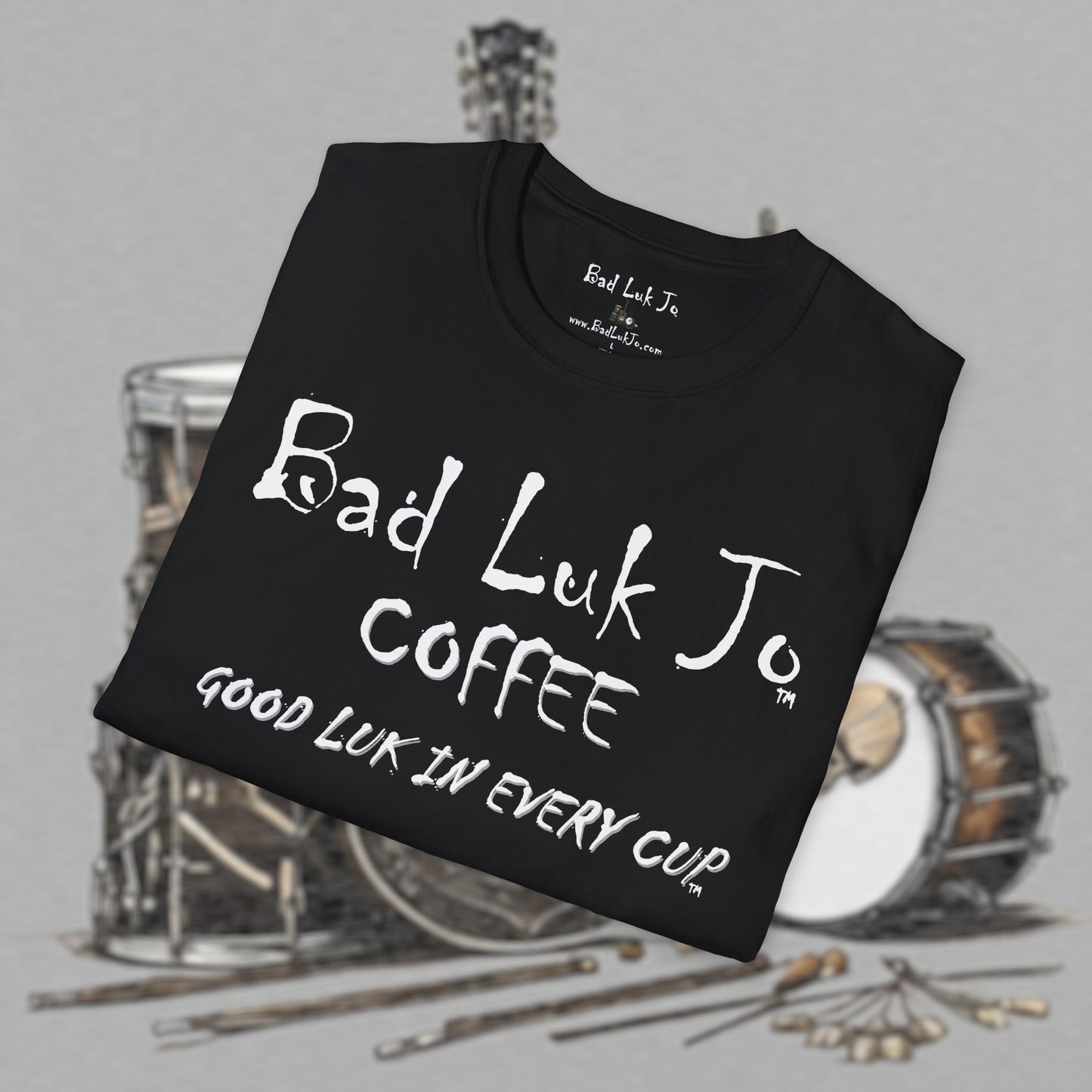 Bad Luk Jo Coffee "Good Luk in Every Cup" T-Shirt - with Website on Back - Unisex Softstyle T-Shirt - FREE ECONOMY SHIPPING