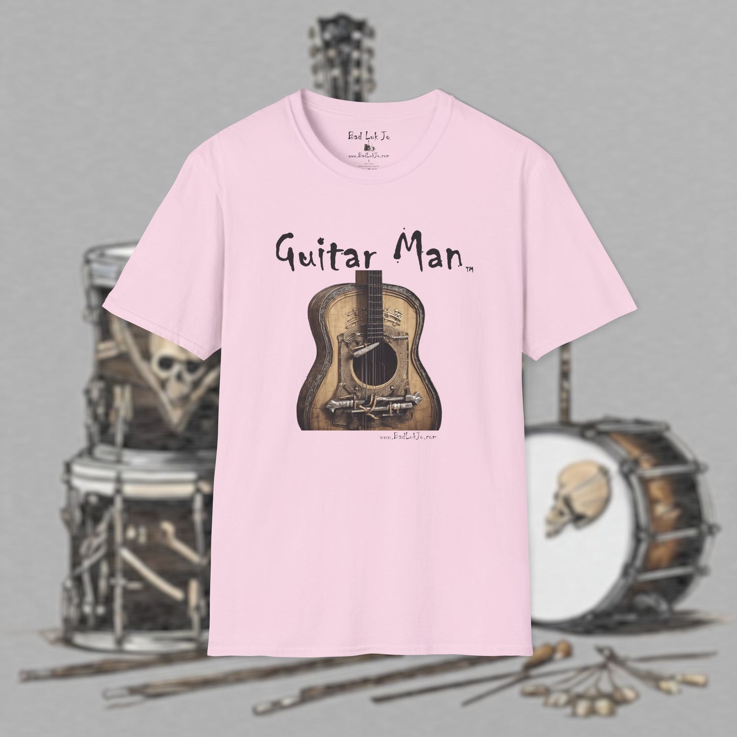 Bad Luk Jo "Guitar Man" T-Shirt - No Printing on Back - Unisex Softstyle T-Shirt - Perfect for Musicians and Music Lovers - FREE ECONOMY SHIPPING