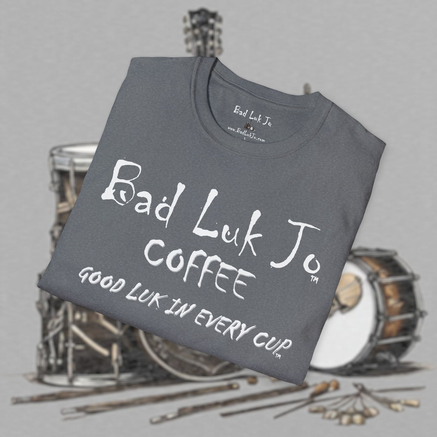 Bad Luk Jo Coffee "Good Luk in Every Cup" T-Shirt - with Website on Back - Unisex Softstyle T-Shirt - FREE ECONOMY SHIPPING