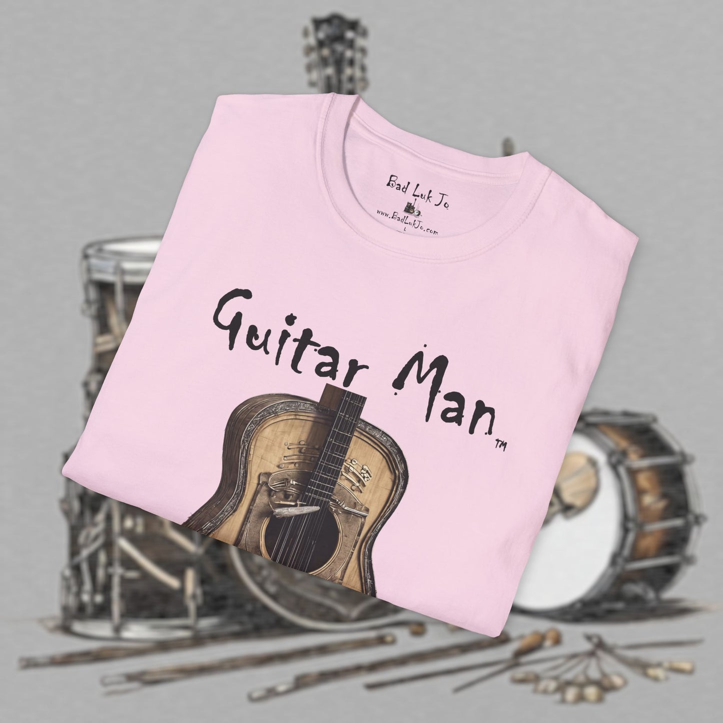 Bad Luk Jo "Guitar Man" T-Shirt - No Printing on Back - Unisex Softstyle T-Shirt - Perfect for Musicians and Music Lovers - FREE ECONOMY SHIPPING