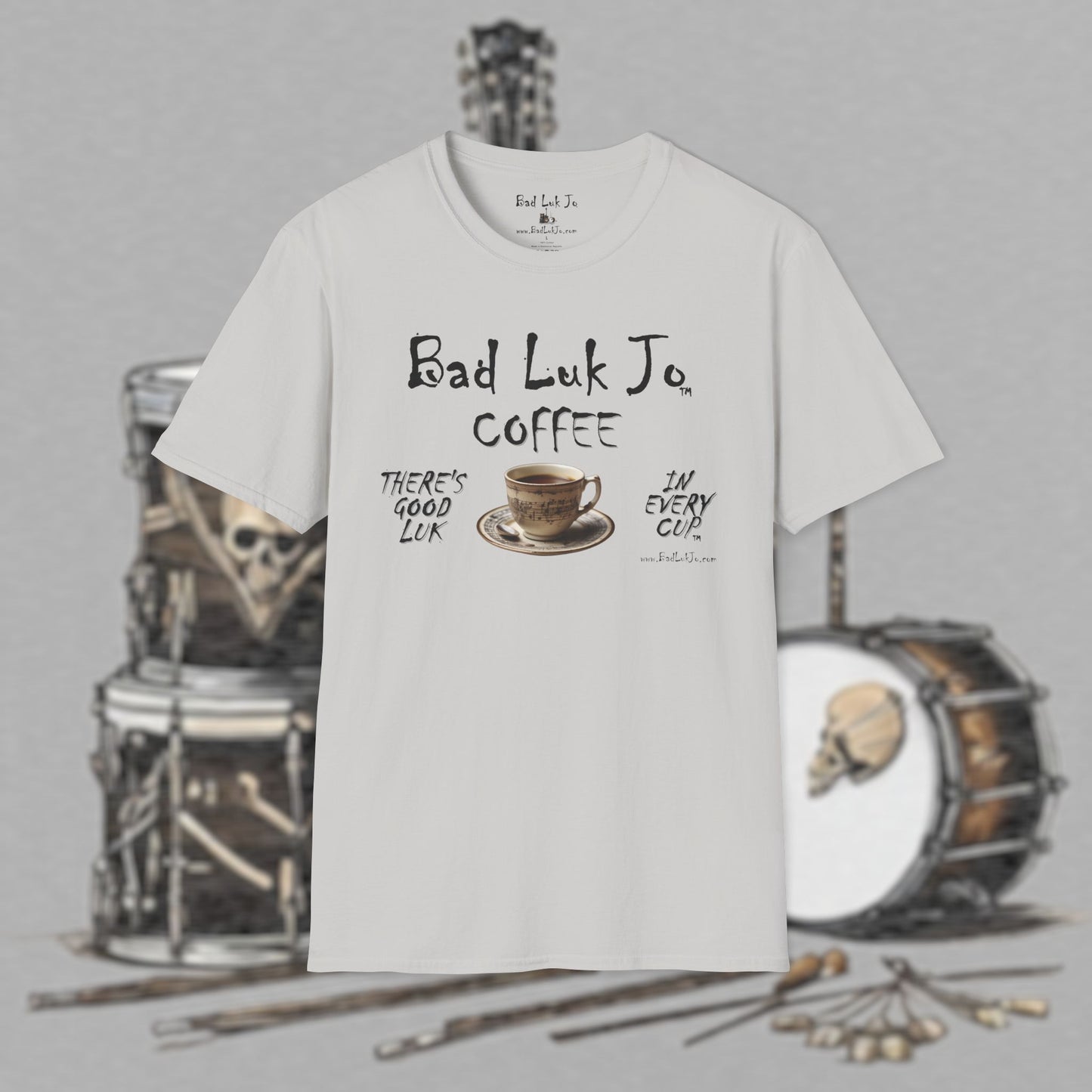 Bad Luk Jo Coffee "There's Good Luk in Every Cup" with Coffee Cup - Unisex Softstyle T-Shirt - FREE ECONOMY SHIPPING
