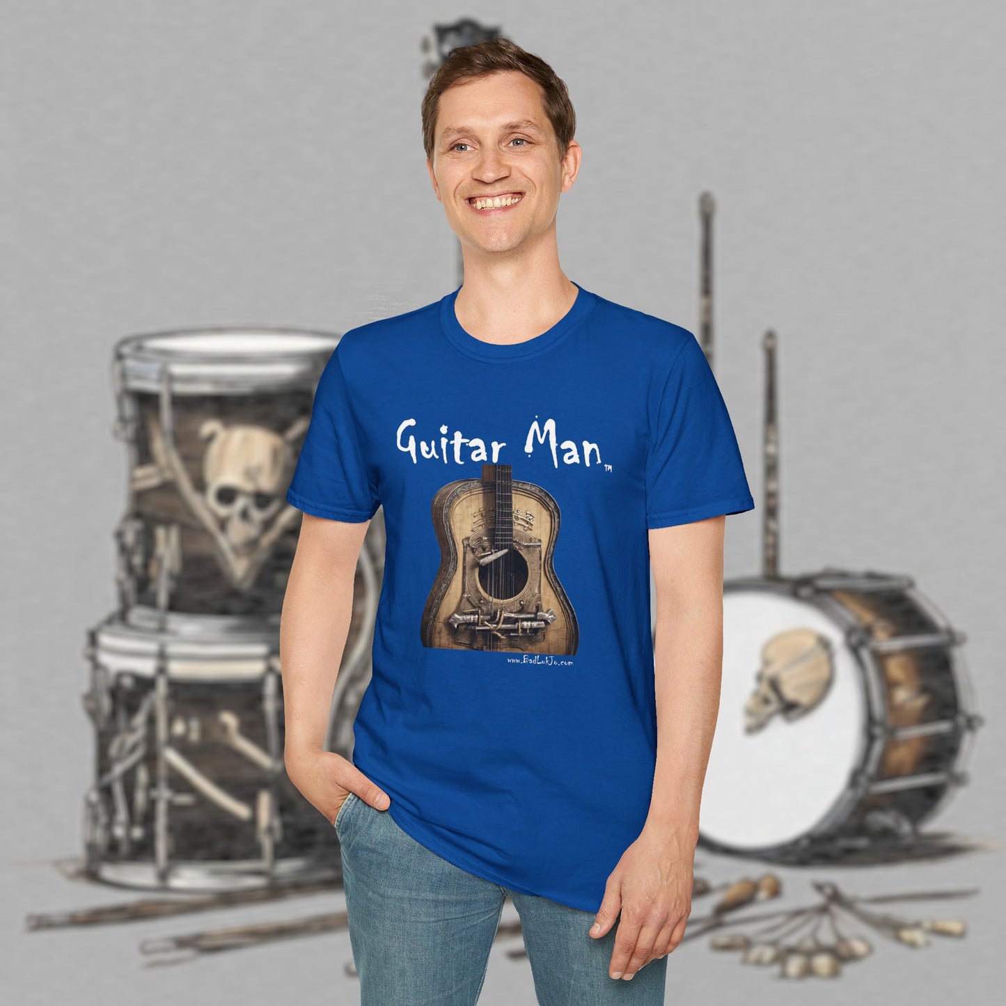 Bad Luk Jo "Guitar Man" T-Shirt - No Printing on Back - Unisex Softstyle T-Shirt - Perfect for Musicians and Music Lovers - FREE ECONOMY SHIPPING