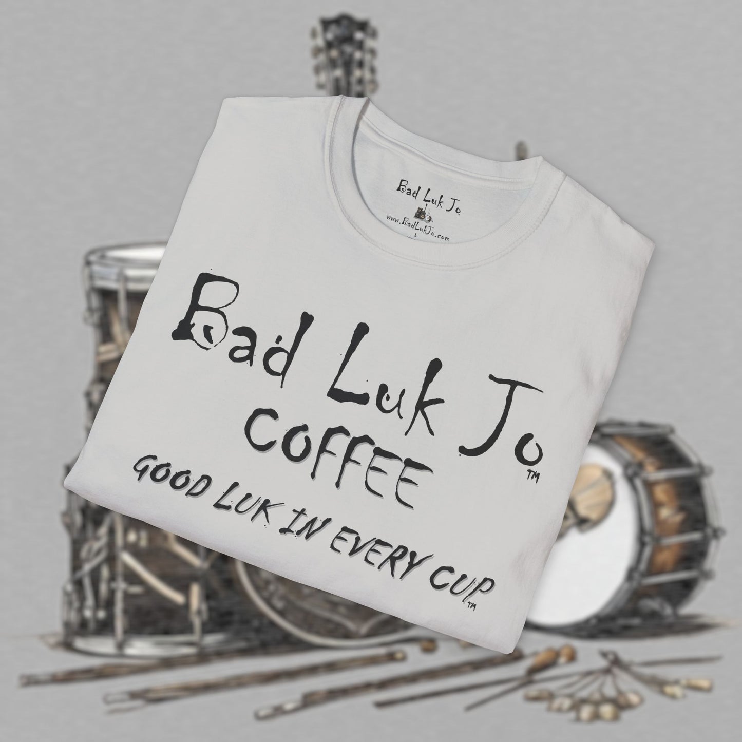 Bad Luk Jo Coffee "Good Luk in Every Cup" T-Shirt - with Website on Back - Unisex Softstyle T-Shirt - FREE ECONOMY SHIPPING