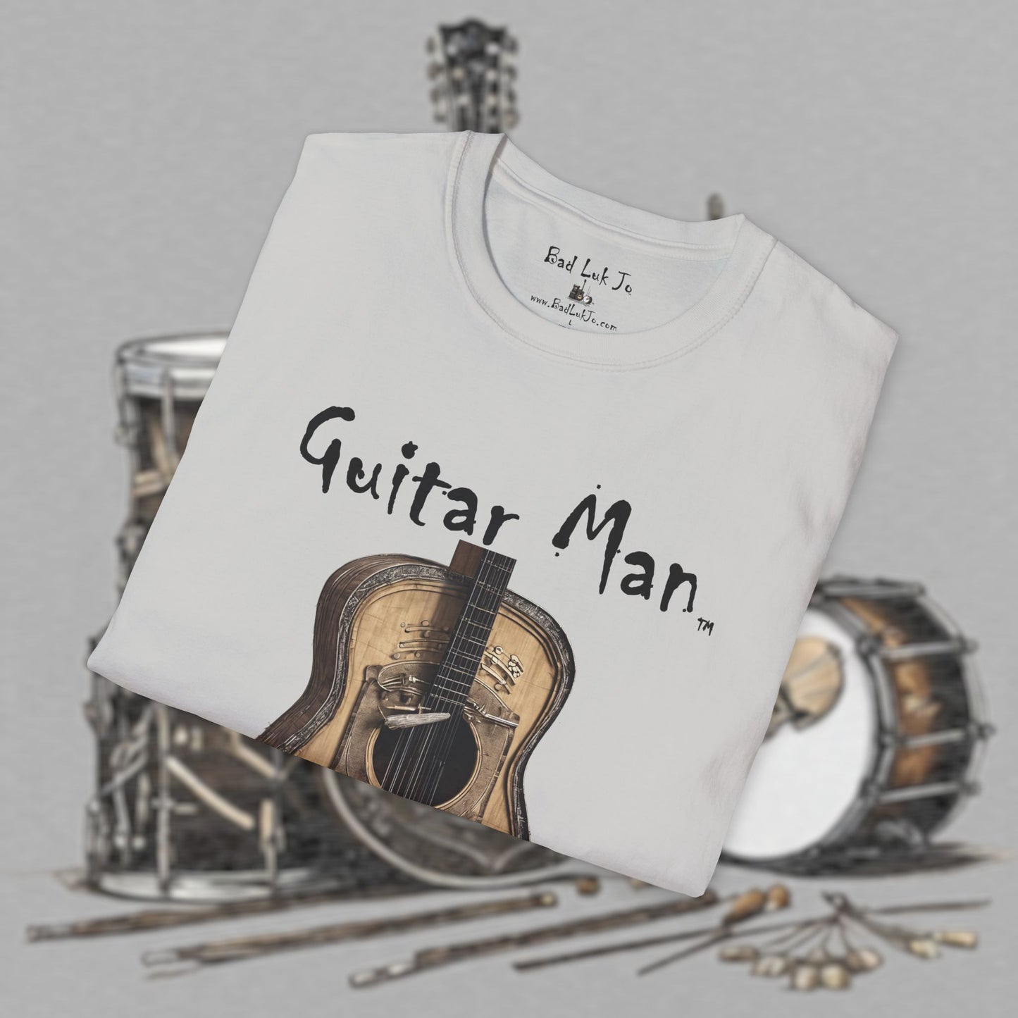 Bad Luk Jo "Guitar Man" T-Shirt - No Printing on Back - Unisex Softstyle T-Shirt - Perfect for Musicians and Music Lovers - FREE ECONOMY SHIPPING