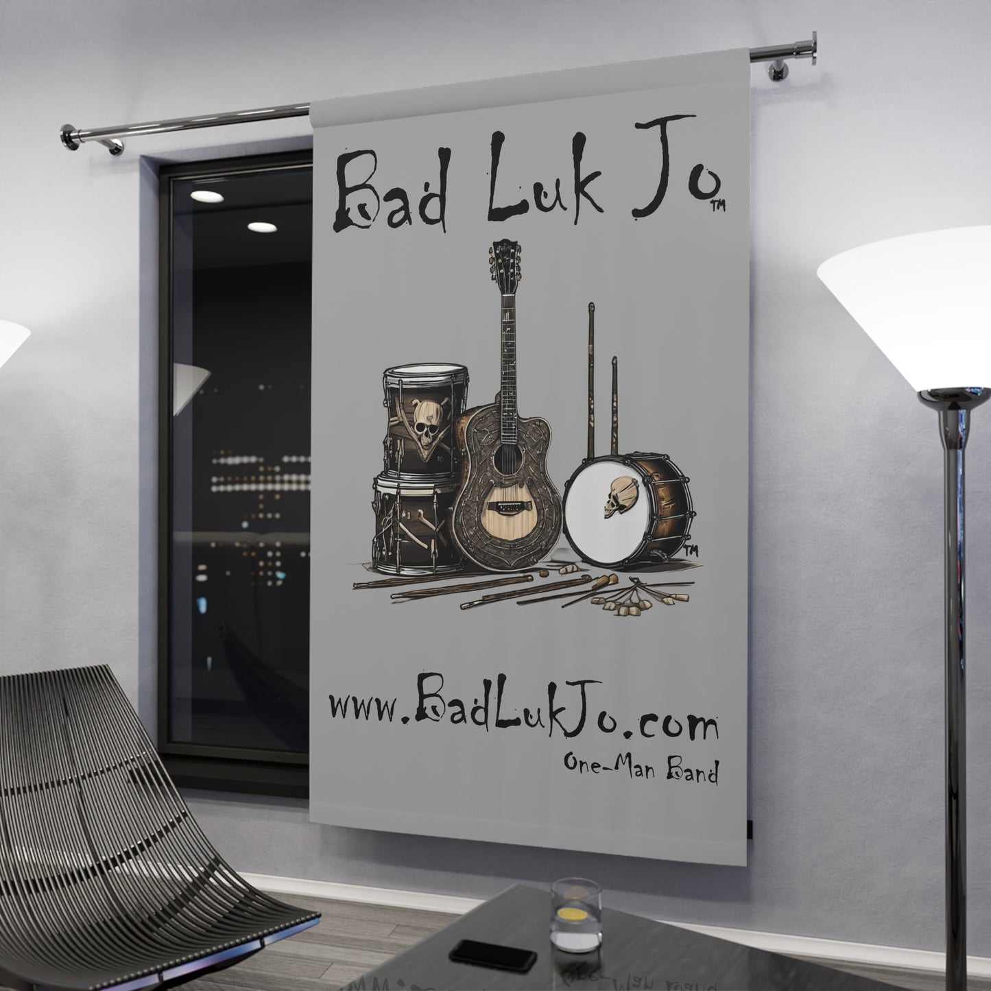 Bad Luk Jo One-Man Band - Window Curtain / Backdrop - Grey - FREE STANDARD SHIPPING