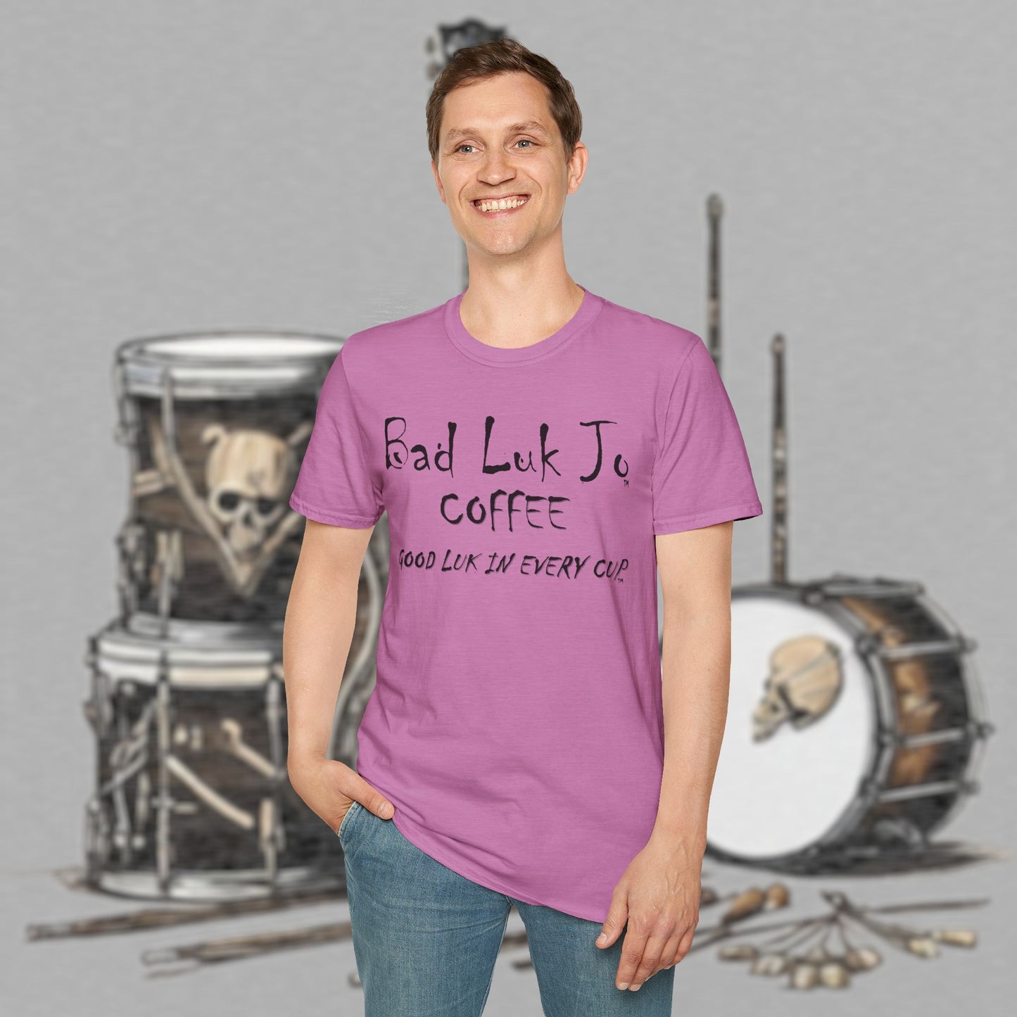 Bad Luk Jo Coffee "Good Luk in Every Cup" T-Shirt - with Website on Back - Unisex Softstyle T-Shirt - FREE ECONOMY SHIPPING