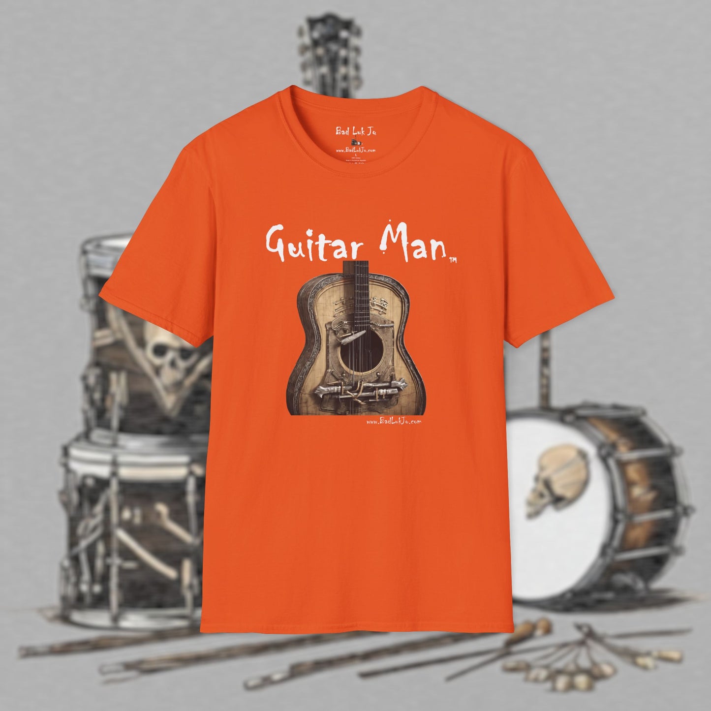 Bad Luk Jo "Guitar Man" T-Shirt - No Printing on Back - Unisex Softstyle T-Shirt - Perfect for Musicians and Music Lovers - FREE ECONOMY SHIPPING
