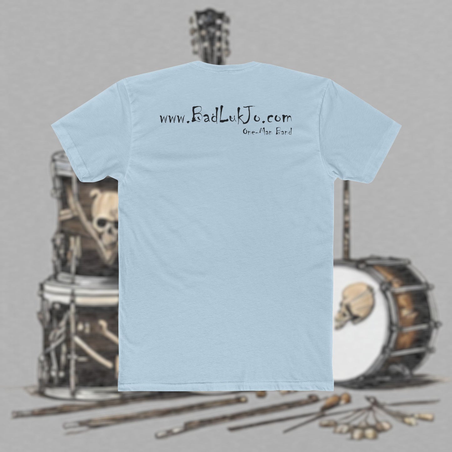 Bad Luk Jo T-Shirt - ORIGINAL Design with Website on Back - Unisex Cotton "Crew Tee" - Classic Fit (Tighter) - Perfect for Musicians and Music Lovers - FREE ECONOMY SHIPPING